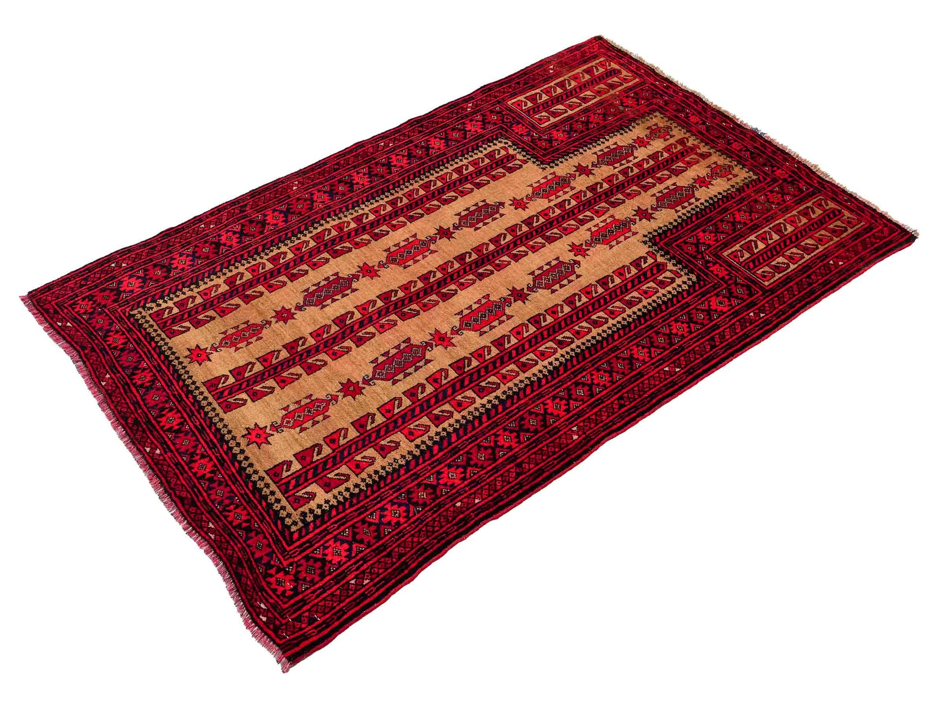 Antiker, handgeknüpfter, afghanischer Belutsch Nomadenteppich aus Wolle von Khademi. Größe: 147 x 91 cm. Farbe: Rot, beige, cremeweiß. Verkauf durch JUPITER Intl.