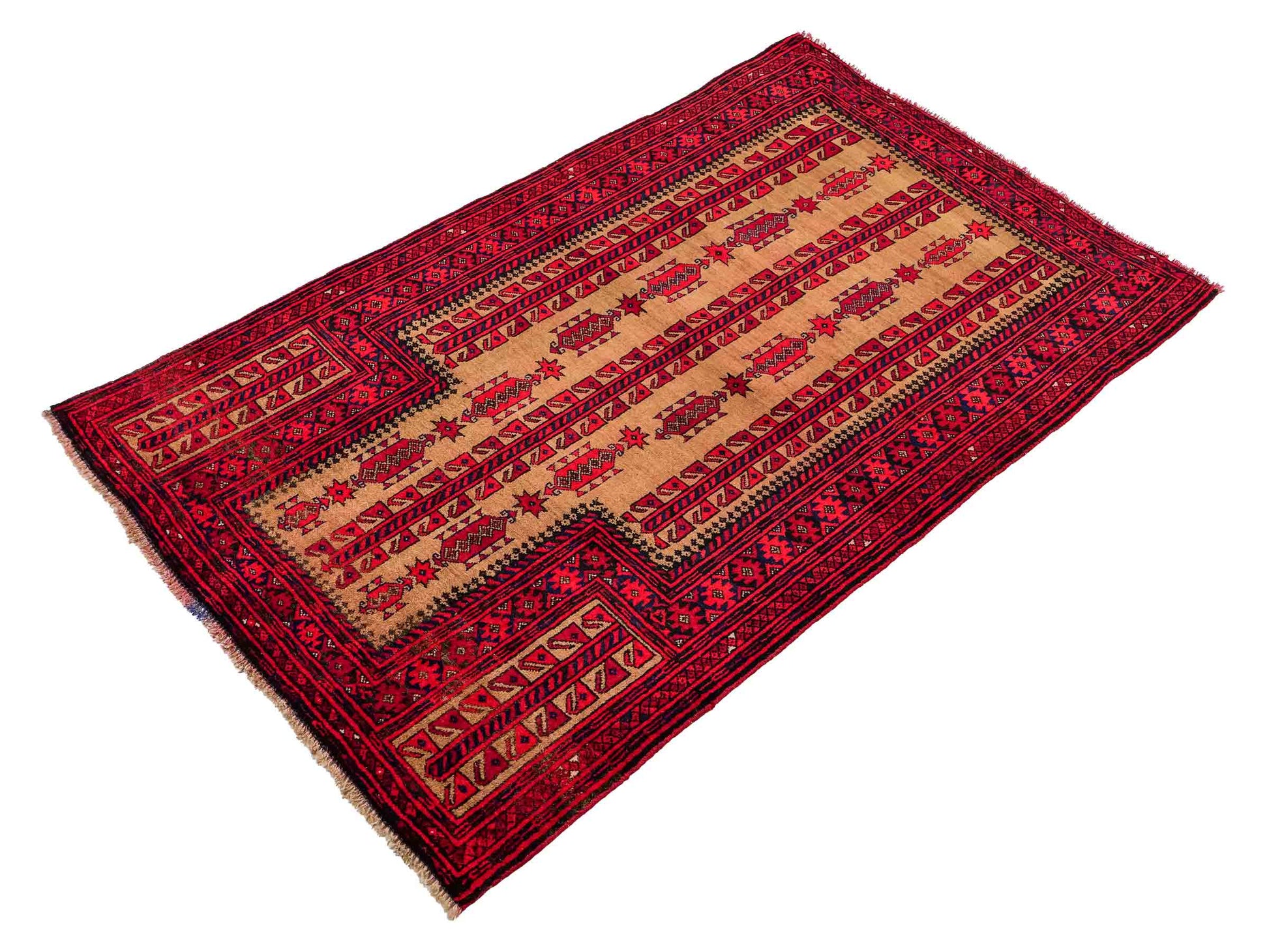 Antiker, handgeknüpfter, afghanischer Belutsch Nomadenteppich aus Wolle von Khademi. Größe: 147 x 91 cm. Farbe: Rot, beige, cremeweiß. Verkauf durch JUPITER Intl.