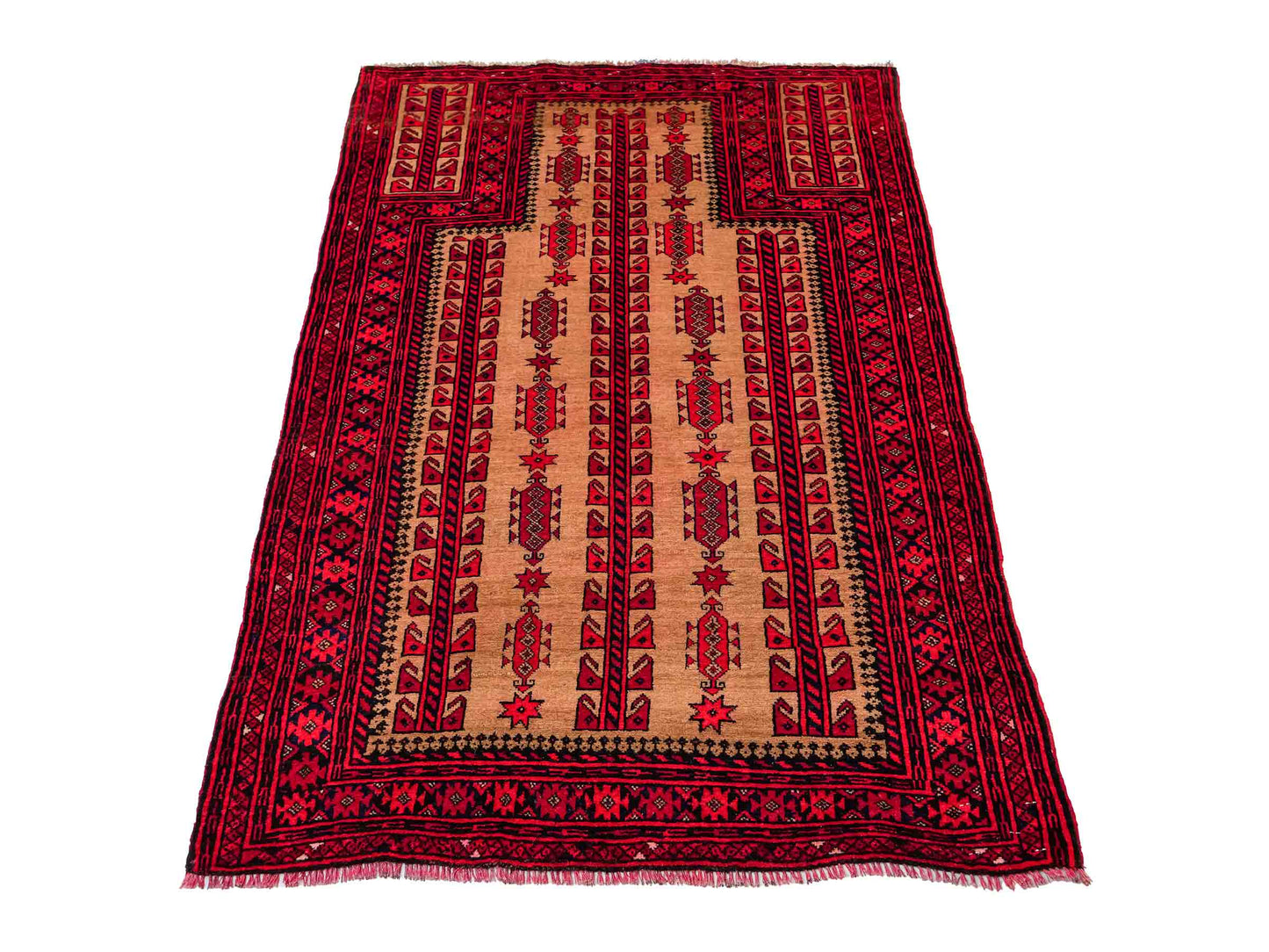 Antiker, handgeknüpfter, afghanischer Belutsch Nomadenteppich aus Wolle von Khademi. Größe: 147 x 91 cm. Farbe: Rot, beige, cremeweiß. Verkauf durch JUPITER Intl.