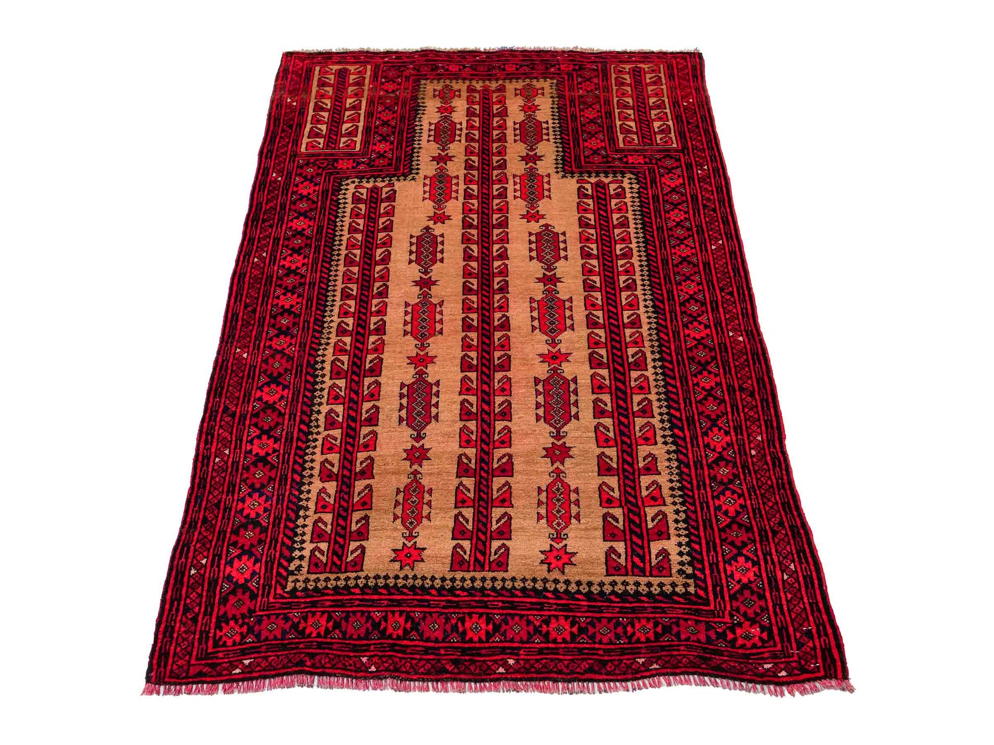 Antiker, handgeknüpfter, afghanischer Belutsch Nomadenteppich aus Wolle von Khademi. Größe: 147 x 91 cm. Farbe: Rot, beige, cremeweiß. Verkauf durch JUPITER Intl.