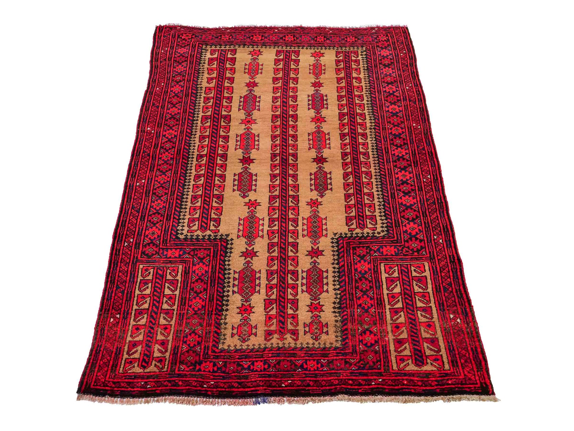 Antiker, handgeknüpfter, afghanischer Belutsch Nomadenteppich aus Wolle von Khademi. Größe: 147 x 91 cm. Farbe: Rot, beige, cremeweiß. Verkauf durch JUPITER Intl.