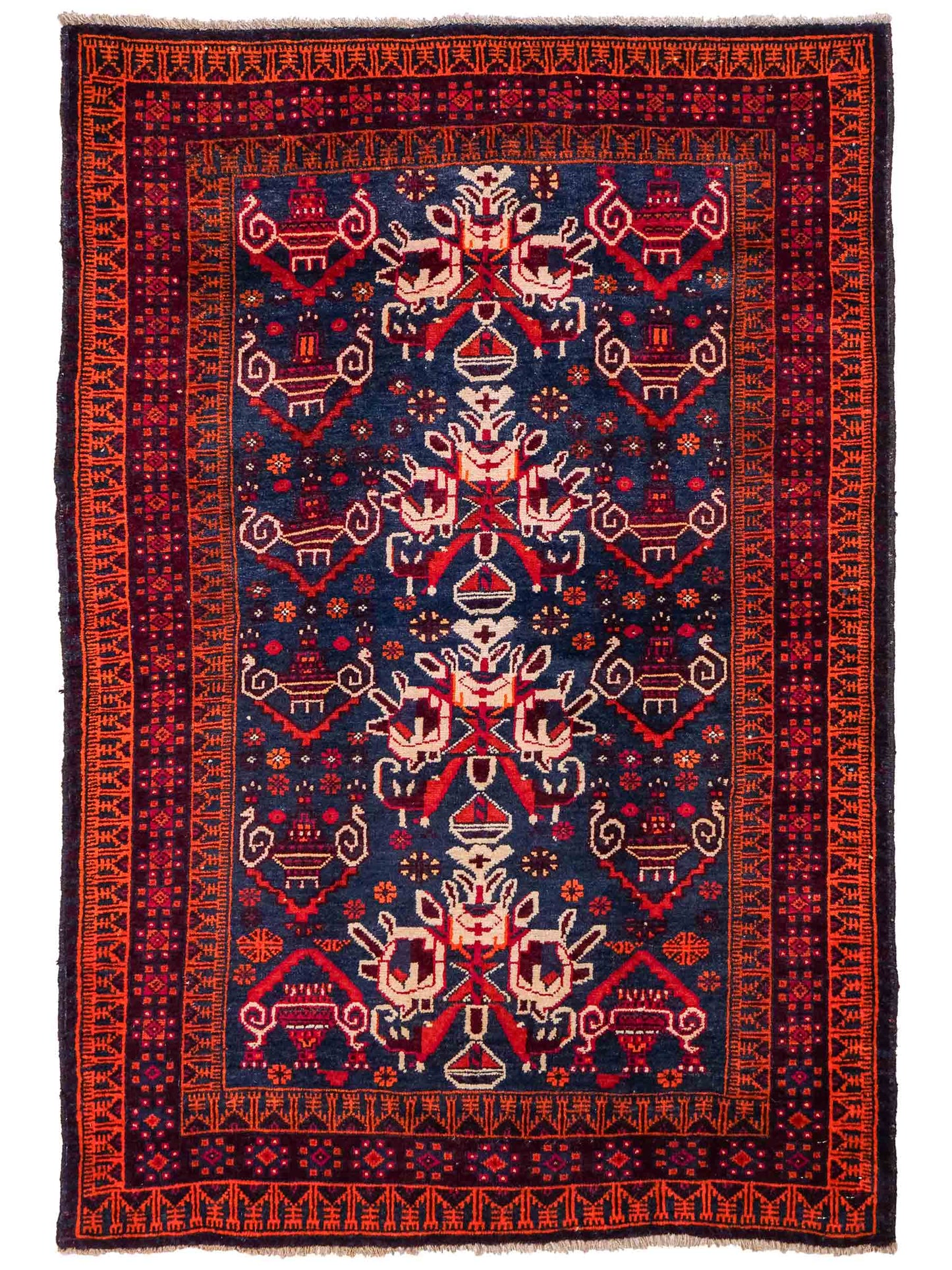 Antiker, handgeknüpfter, afghanischer Belutsch Nomadenteppich aus Wolle von Khademi. Größe: 157 x 98 cm. Farbe: Blau, rot. Verkauf durch JUPITER Intl.