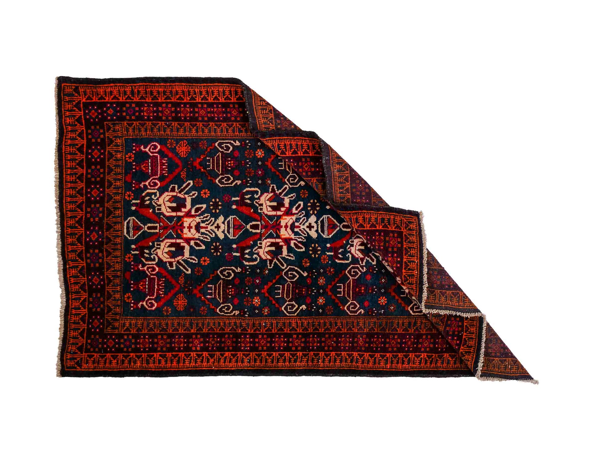Antiker, handgeknüpfter, afghanischer Belutsch Nomadenteppich aus Wolle von Khademi. Größe: 157 x 98 cm. Farbe: Blau, rot. Verkauf durch JUPITER Intl.