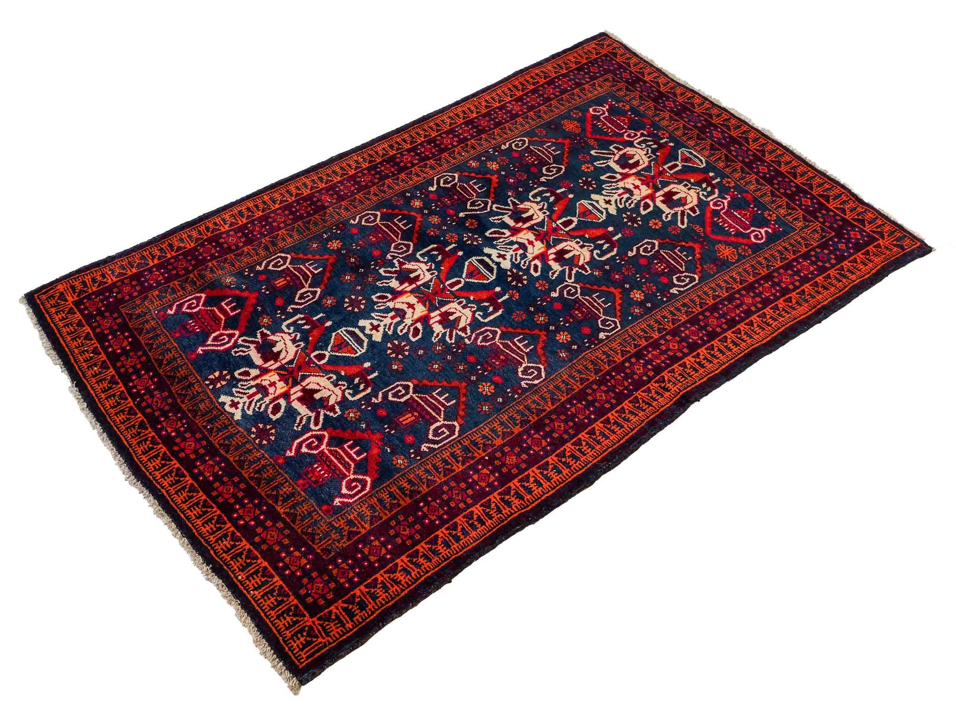 Antiker, handgeknüpfter, afghanischer Belutsch Nomadenteppich aus Wolle von Khademi. Größe: 157 x 98 cm. Farbe: Blau, rot. Verkauf durch JUPITER Intl.