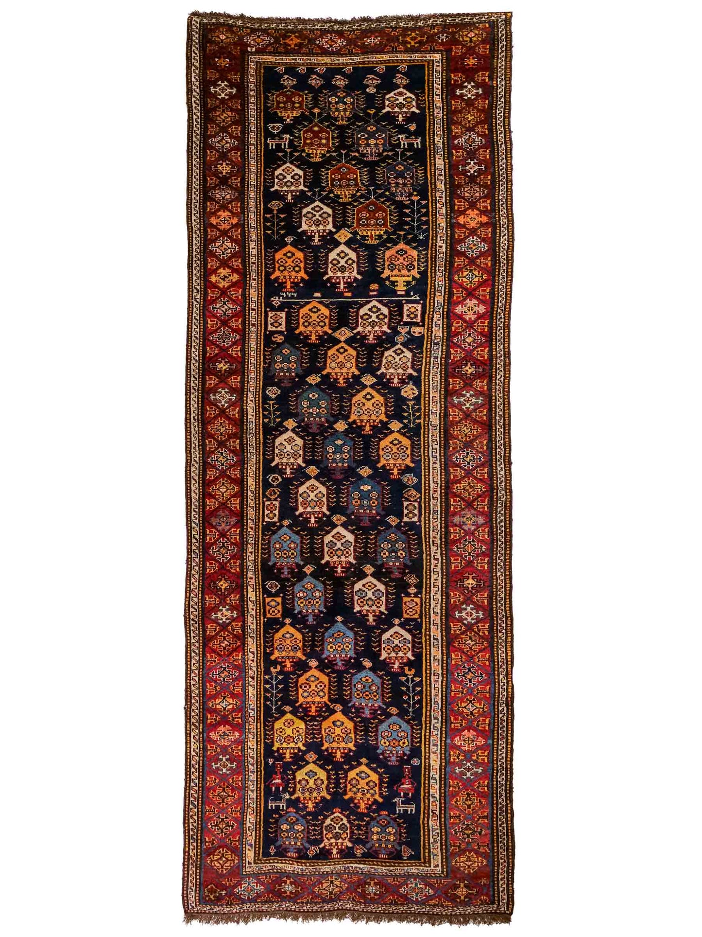 Sehr feiner, handgeknüpfter, antiker, persischer Ghashghai Nomadenteppich aus Wolle von Khademi. Farbe: Blau, rot, beige, cremeweiß. Größe: 346 x 115 cm. Form: Läufer. Vertrieb durch JUPITER Intl.