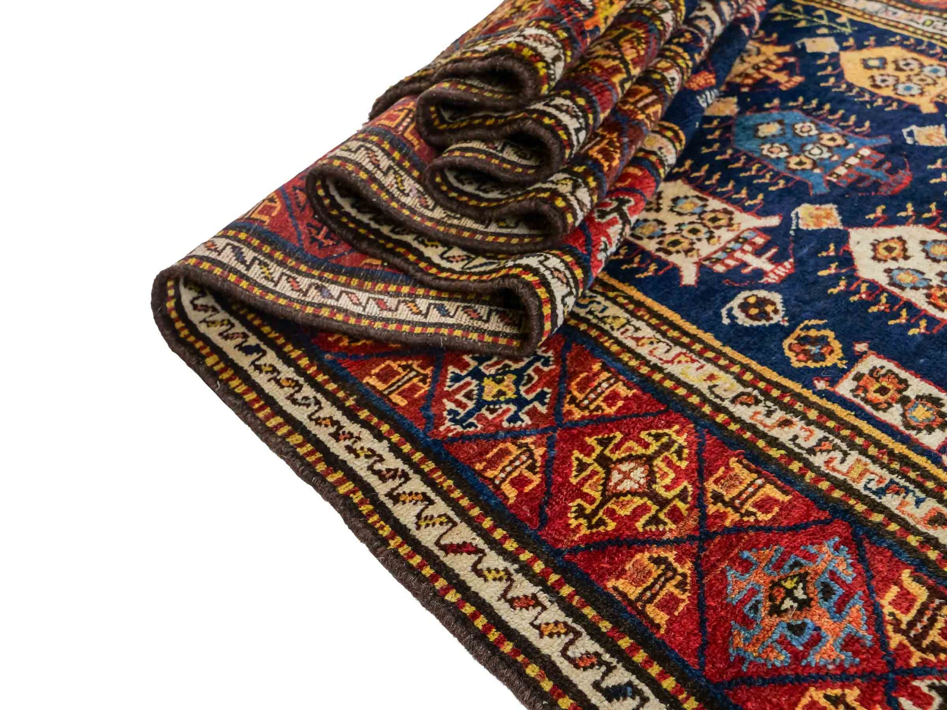 Sehr feiner, handgeknüpfter, antiker, persischer Ghashghai Nomadenteppich aus Wolle von Khademi. Farbe: Blau, rot, beige, cremeweiß. Größe: 346 x 115 cm. Form: Läufer. Vertrieb durch JUPITER Intl.