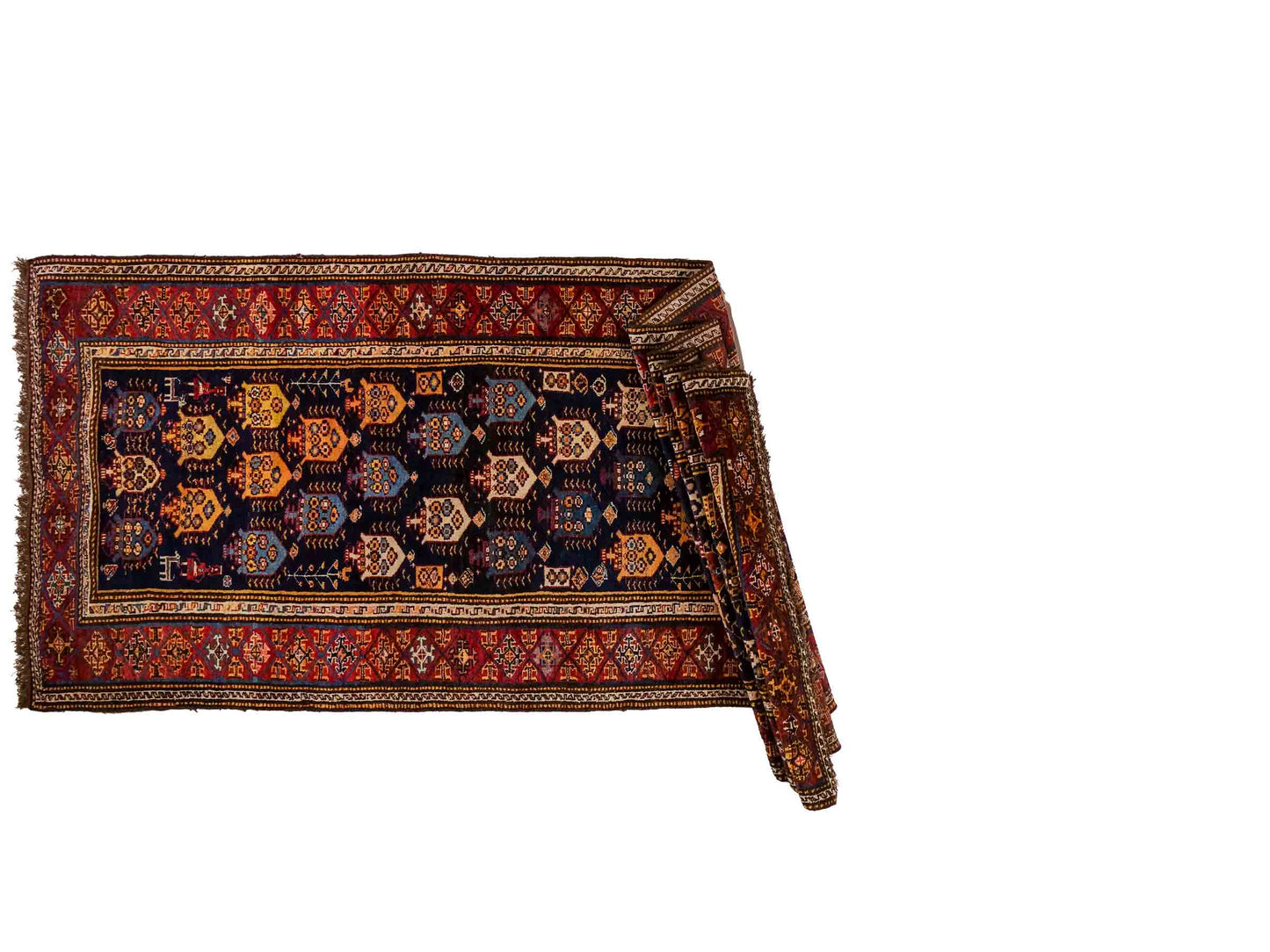 Sehr feiner, handgeknüpfter, antiker, persischer Ghashghai Nomadenteppich aus Wolle von Khademi. Farbe: Blau, rot, beige, cremeweiß. Größe: 346 x 115 cm. Form: Läufer. Vertrieb durch JUPITER Intl.