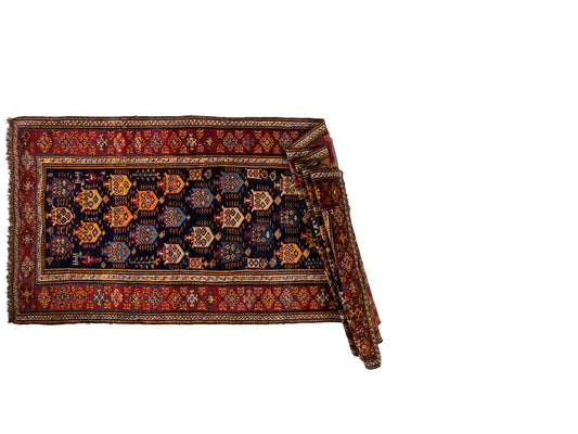 Sehr feiner, handgeknüpfter, antiker, persischer Ghashghai Nomadenteppich aus Wolle von Khademi. Farbe: Blau, rot, beige, cremeweiß. Größe: 346 x 115 cm. Form: Läufer. Vertrieb durch JUPITER Intl.