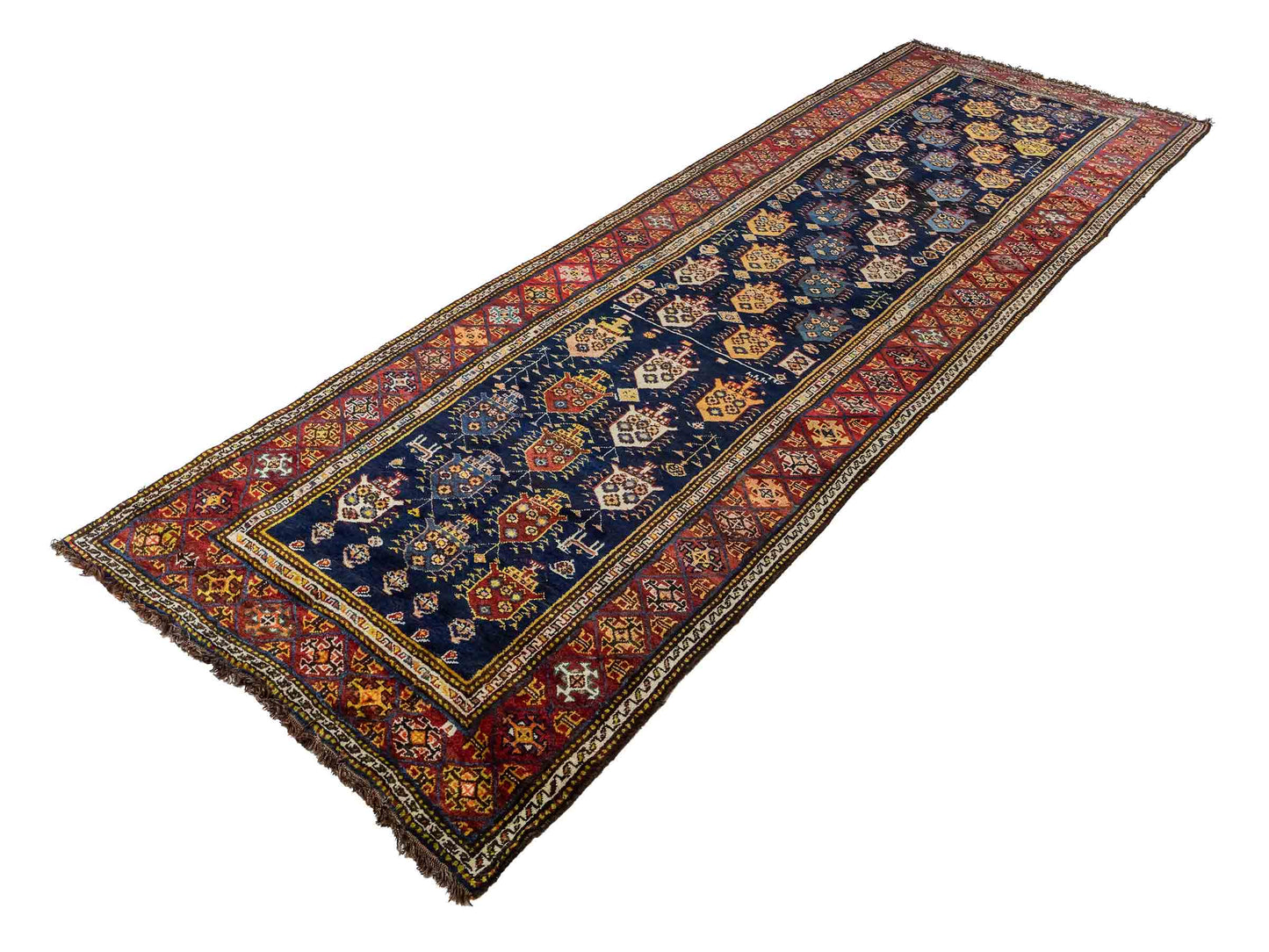 Sehr feiner, handgeknüpfter, antiker, persischer Ghashghai Nomadenteppich aus Wolle von Khademi. Farbe: Blau, rot, beige, cremeweiß. Größe: 346 x 115 cm. Form: Läufer. Vertrieb durch JUPITER Intl.