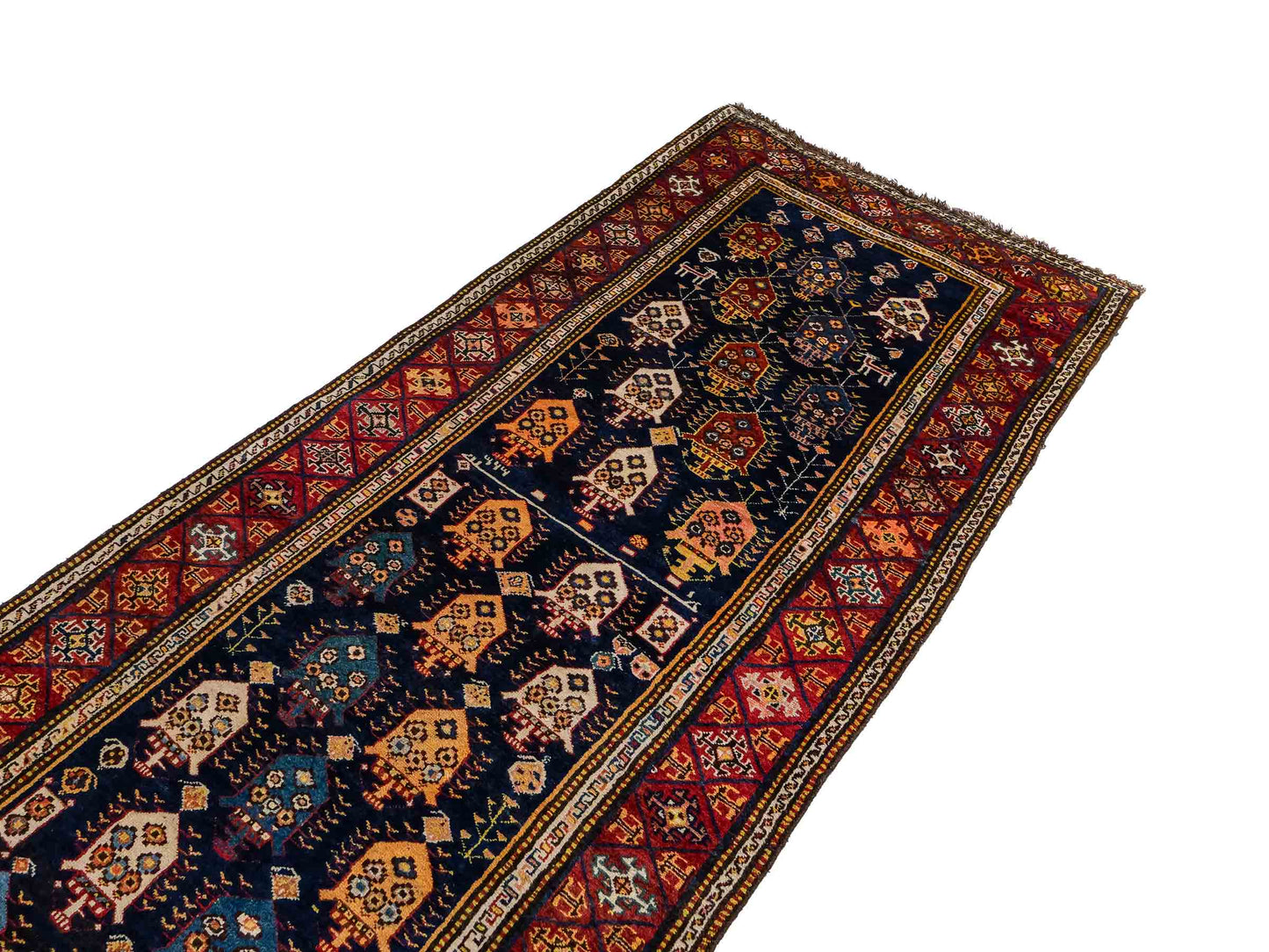 Sehr feiner, handgeknüpfter, antiker, persischer Ghashghai Nomadenteppich aus Wolle von Khademi. Farbe: Blau, rot, beige, cremeweiß. Größe: 346 x 115 cm. Form: Läufer. Vertrieb durch JUPITER Intl.