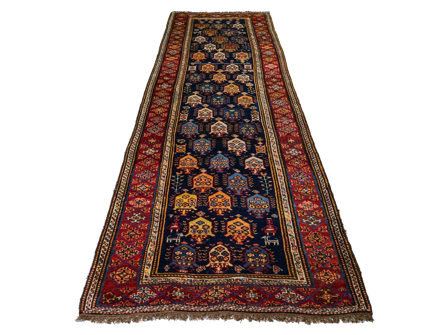 Sehr feiner, handgeknüpfter, antiker, persischer Ghashghai Nomadenteppich aus Wolle von Khademi. Farbe: Blau, rot, beige, cremeweiß. Größe: 346 x 115 cm. Form: Läufer. Vertrieb durch JUPITER Intl.