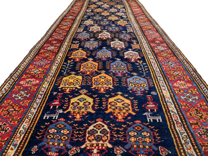 Sehr feiner, handgeknüpfter, antiker, persischer Ghashghai Nomadenteppich aus Wolle von Khademi. Farbe: Blau, rot, beige, cremeweiß. Größe: 346 x 115 cm. Form: Läufer. Vertrieb durch JUPITER Intl.