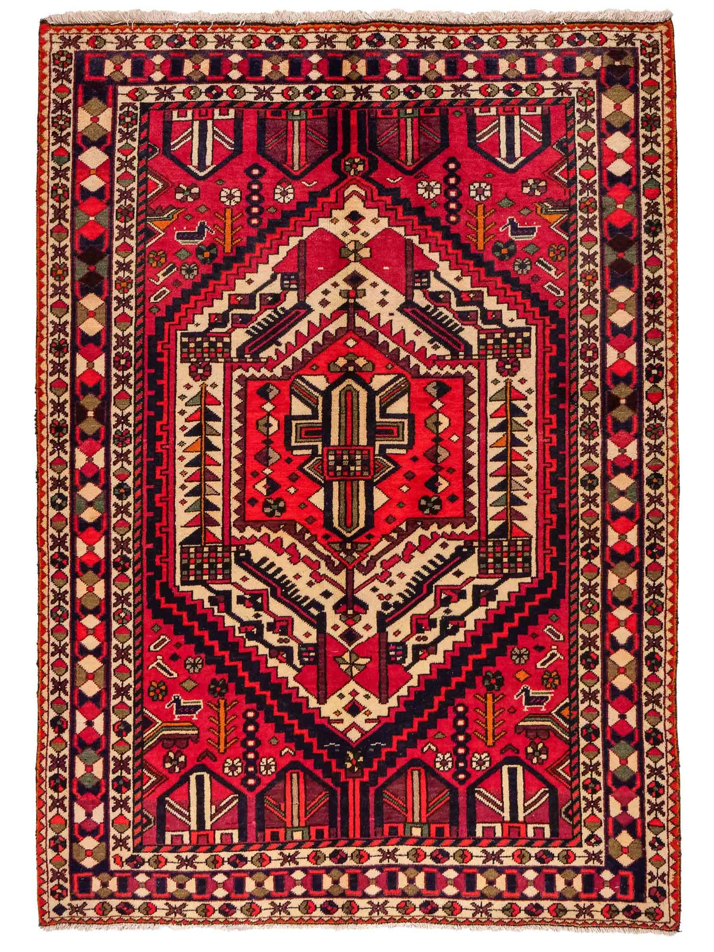 Feiner, handgeknüpfter, persischer Bakhitar Nomadenteppich aus Wolle von Khademi. Farbe: Rot, cremeweiß, blau. Größe: 210 x 149 cm. Vertrieb durch JUPITER Intl.
