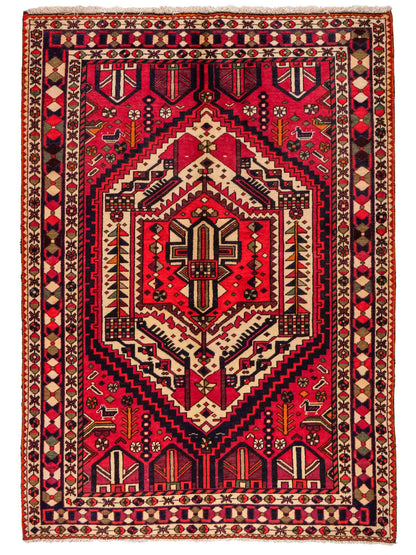 Feiner, handgeknüpfter, persischer Bakhitar Nomadenteppich aus Wolle von Khademi. Farbe: Rot, cremeweiß, blau. Größe: 210 x 149 cm. Vertrieb durch JUPITER Intl.