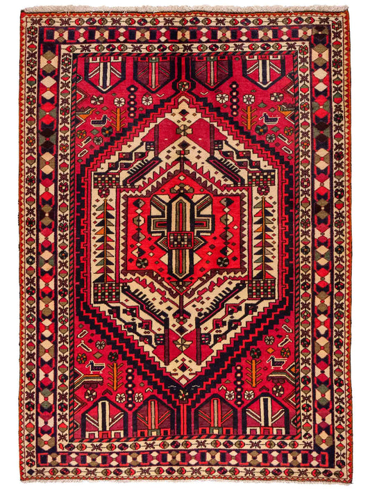 Feiner, handgeknüpfter, persischer Bakhitar Nomadenteppich aus Wolle von Khademi. Farbe: Rot, cremeweiß, blau. Größe: 210 x 149 cm. Vertrieb durch JUPITER Intl.