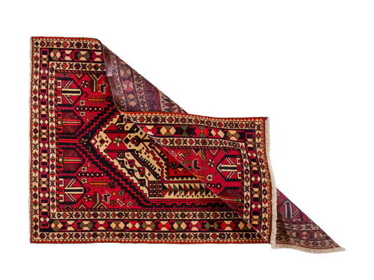 Feiner, handgeknüpfter, persischer Bakhitar Nomadenteppich aus Wolle von Khademi. Farbe: Rot, cremeweiß, blau. Größe: 210 x 149 cm. Vertrieb durch JUPITER Intl.