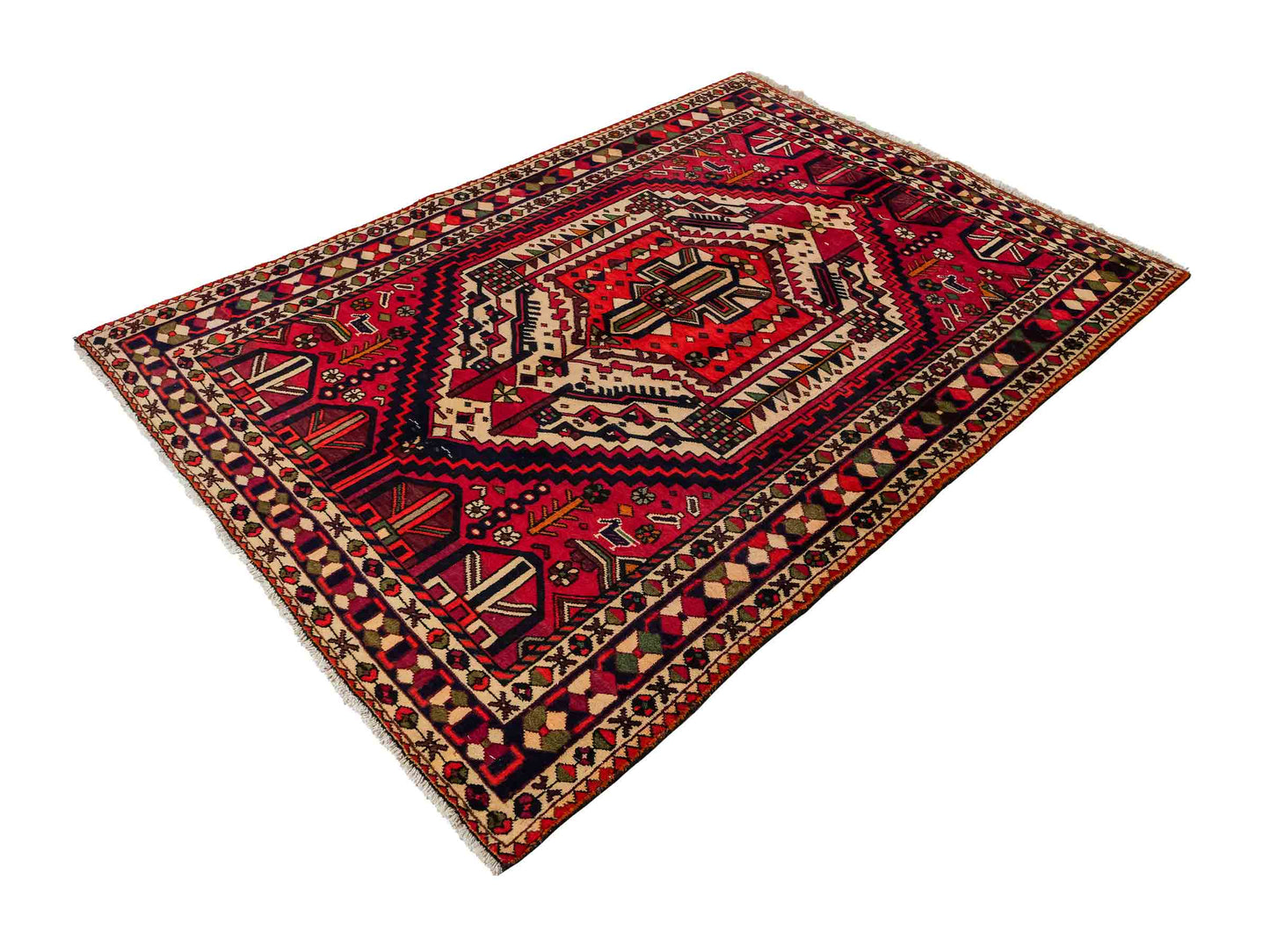 Feiner, handgeknüpfter, persischer Bakhitar Nomadenteppich aus Wolle von Khademi. Farbe: Rot, cremeweiß, blau. Größe: 210 x 149 cm. Vertrieb durch JUPITER Intl.