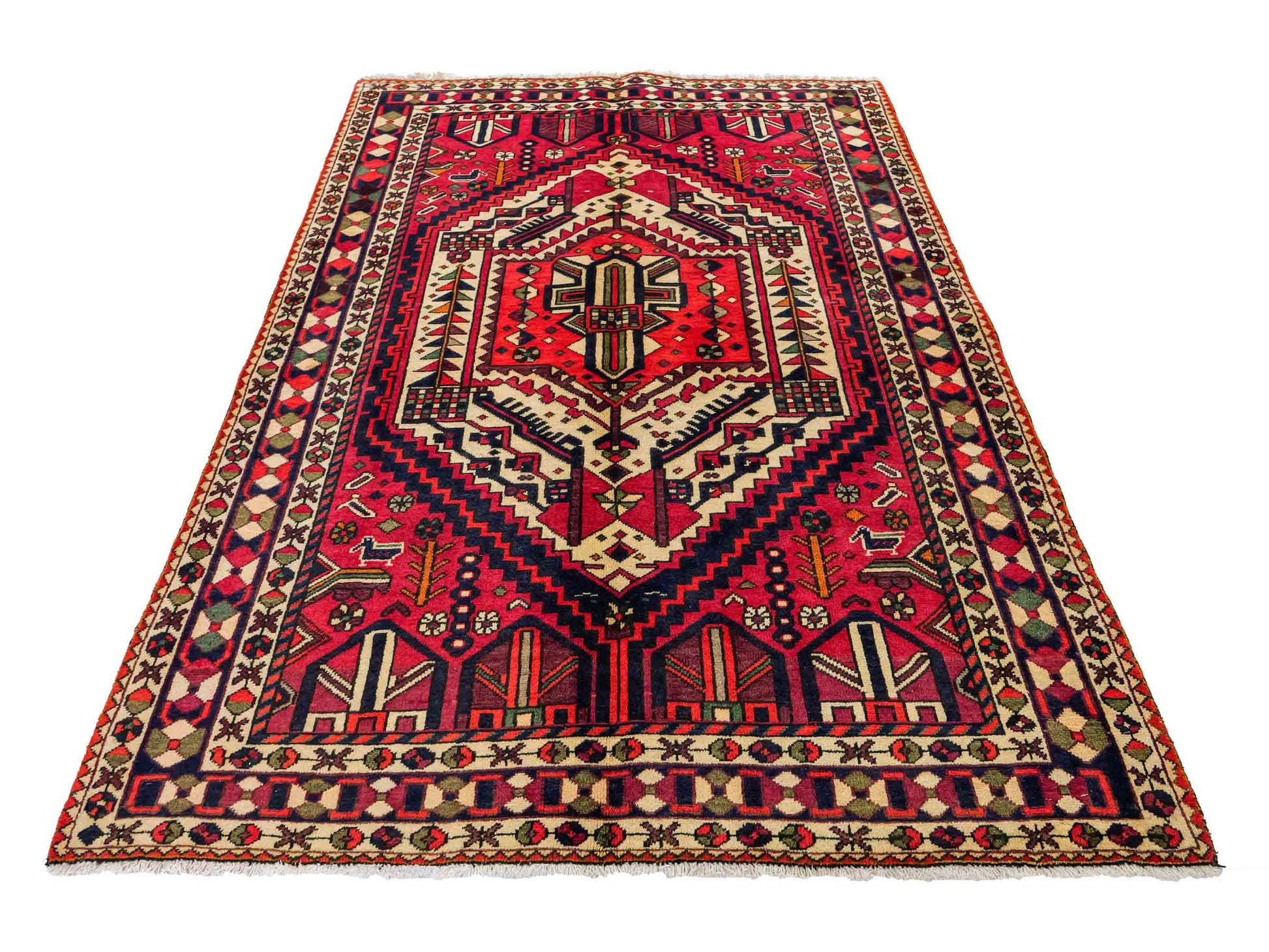Feiner, handgeknüpfter, persischer Bakhitar Nomadenteppich aus Wolle von Khademi. Farbe: Rot, cremeweiß, blau. Größe: 210 x 149 cm. Vertrieb durch JUPITER Intl.
