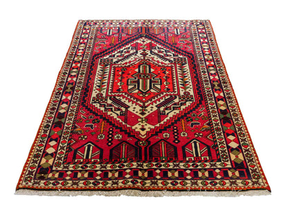 Feiner, handgeknüpfter, persischer Bakhitar Nomadenteppich aus Wolle von Khademi. Farbe: Rot, cremeweiß, blau. Größe: 210 x 149 cm. Vertrieb durch JUPITER Intl.