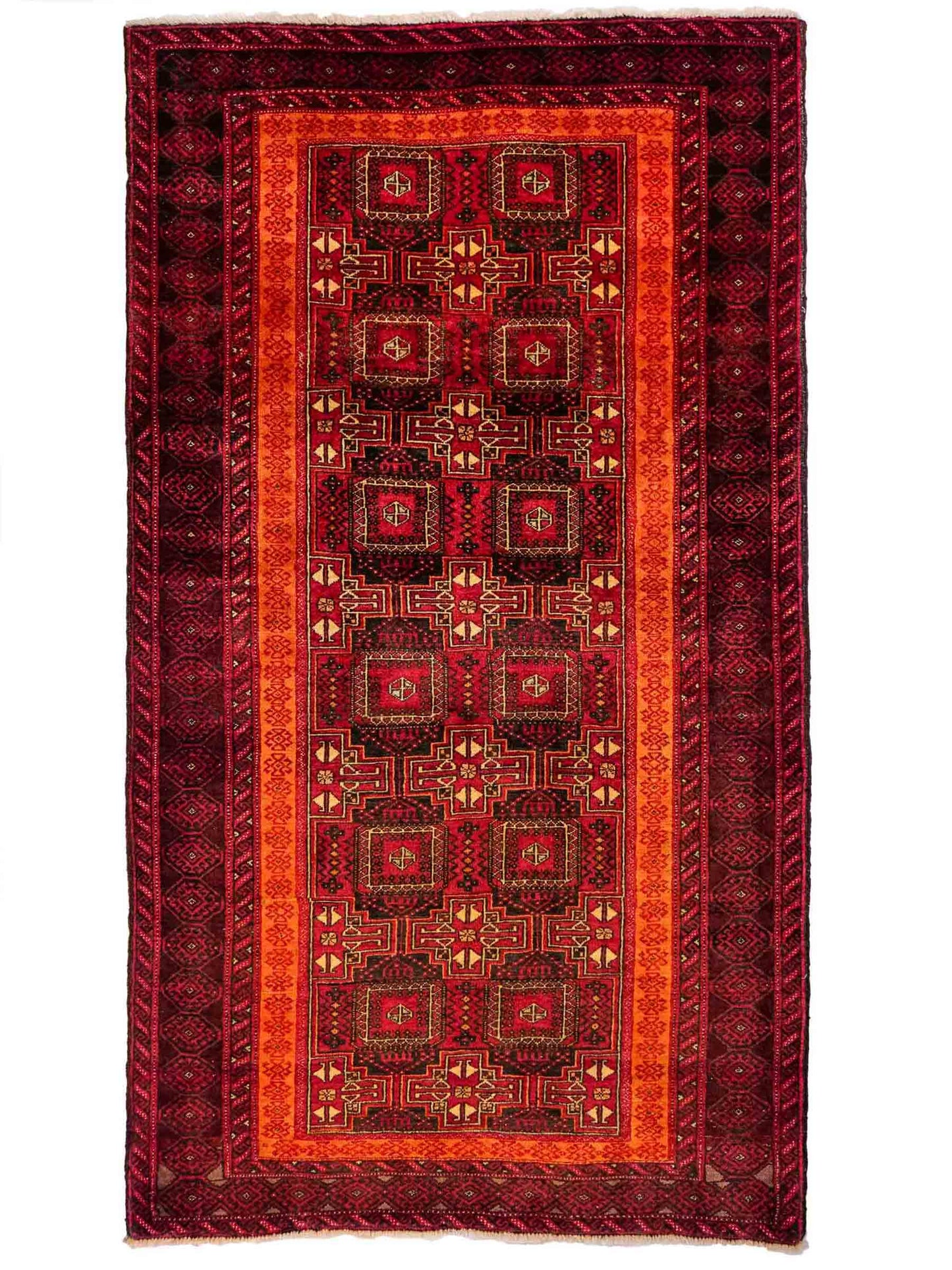 Handgeknüpfter, afghanischer, semi-antiker Belutsch Nomadenteppich aus Wolle von Khademi. Größe: 185 x 100 cm. Farbe: Rot, orange. Verkauf durch JUPITER Intl.
