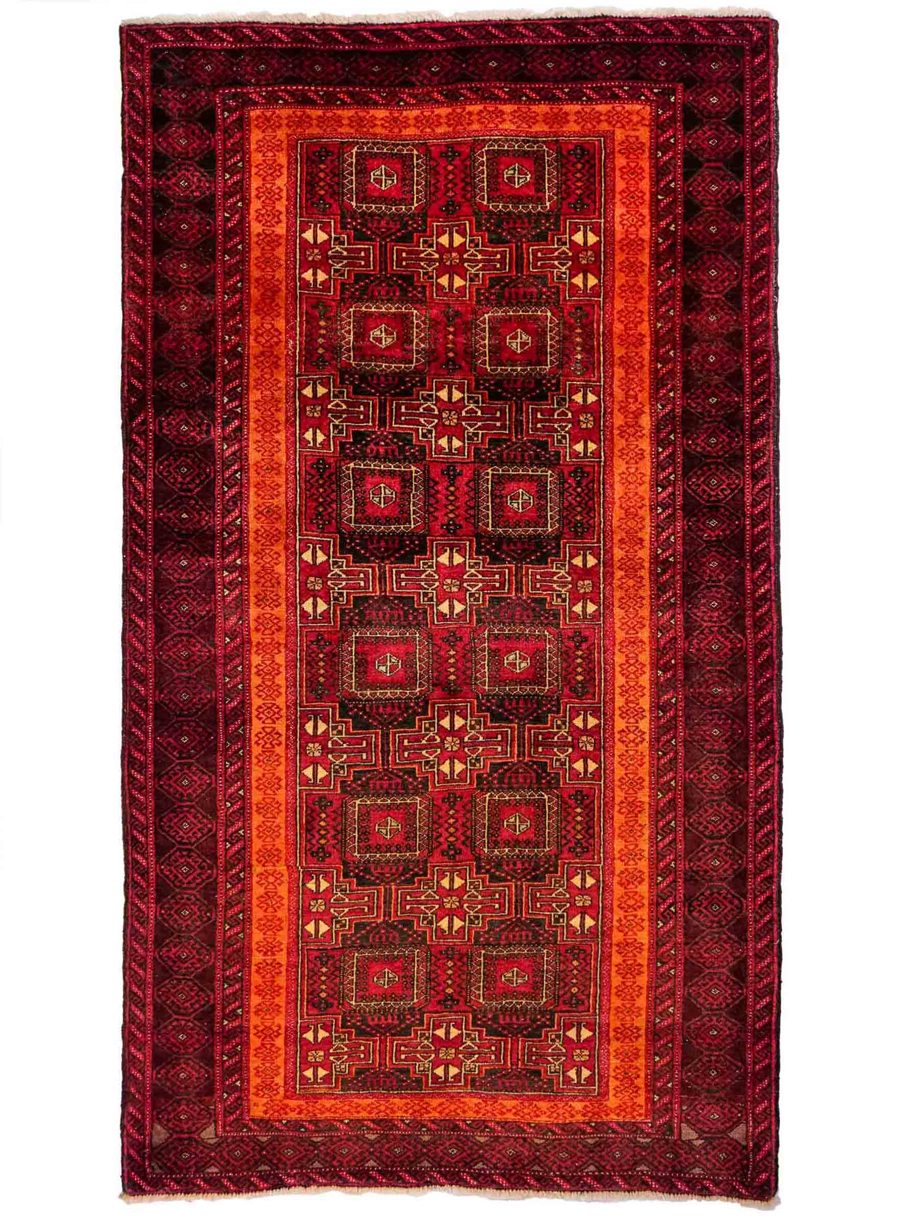 Handgeknüpfter, afghanischer, semi-antiker Belutsch Nomadenteppich aus Wolle von Khademi. Größe: 185 x 100 cm. Farbe: Rot, orange. Verkauf durch JUPITER Intl.