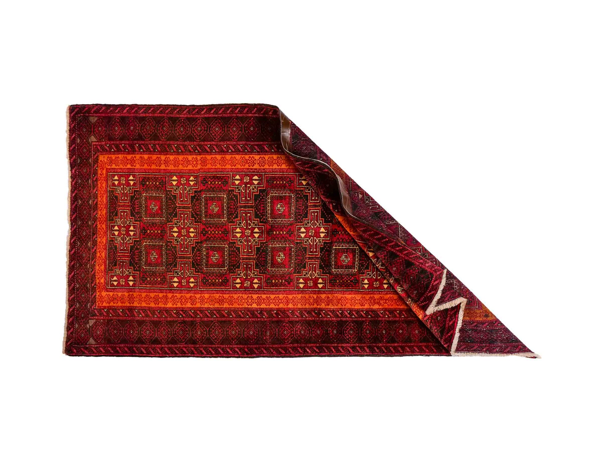 Handgeknüpfter, afghanischer, semi-antiker Belutsch Nomadenteppich aus Wolle von Khademi. Größe: 185 x 100 cm. Farbe: Rot, orange. Verkauf durch JUPITER Intl.