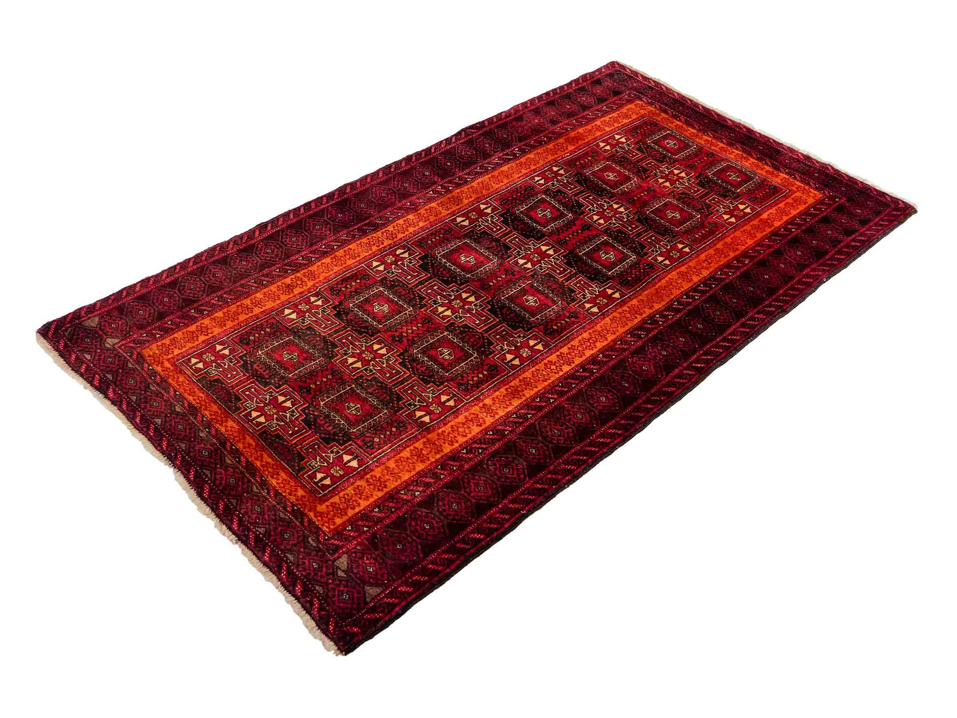 Handgeknüpfter, afghanischer, semi-antiker Belutsch Nomadenteppich aus Wolle von Khademi. Größe: 185 x 100 cm. Farbe: Rot, orange. Verkauf durch JUPITER Intl.