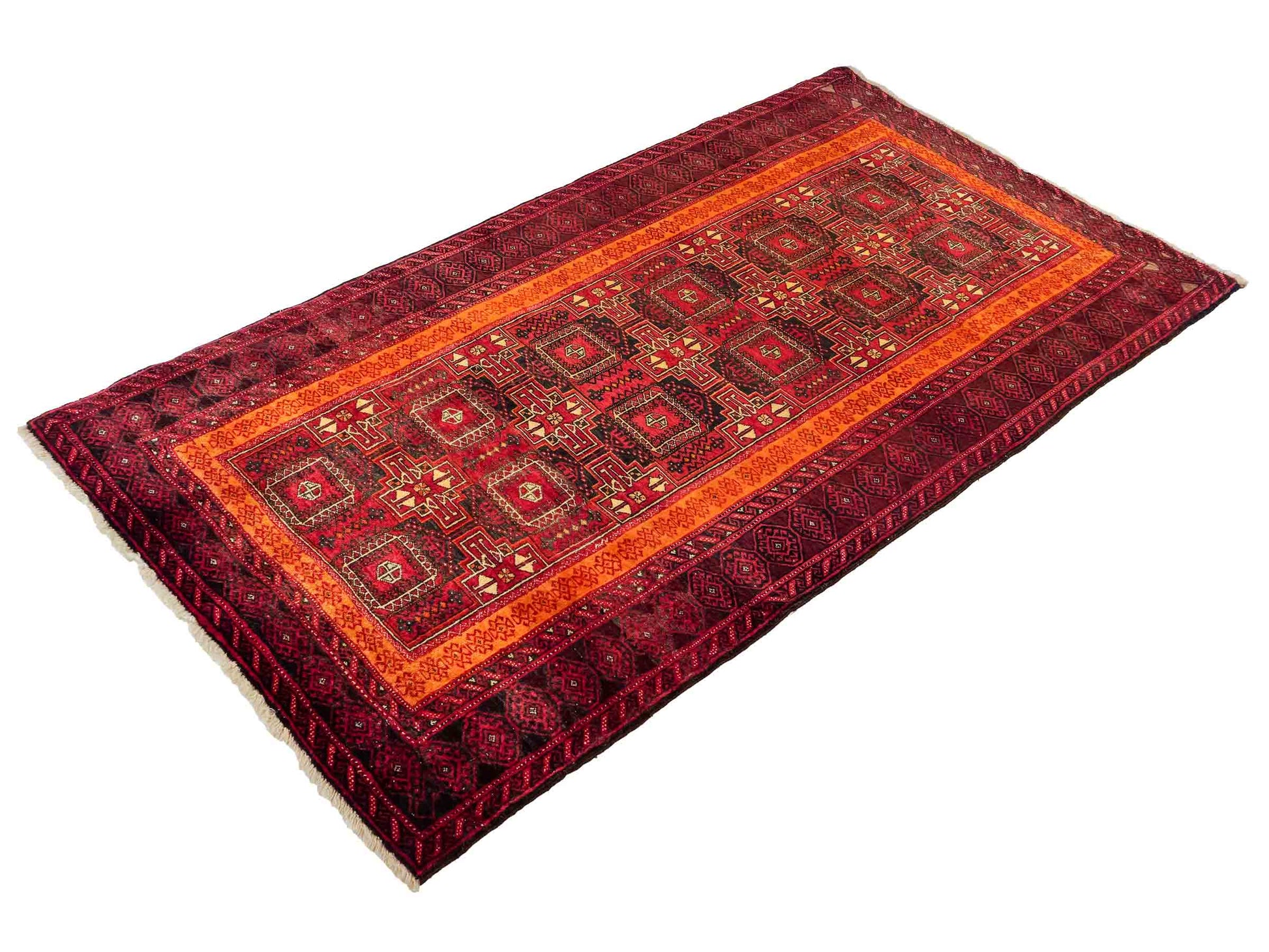 Handgeknüpfter, afghanischer, semi-antiker Belutsch Nomadenteppich aus Wolle von Khademi. Größe: 185 x 100 cm. Farbe: Rot, orange. Verkauf durch JUPITER Intl.