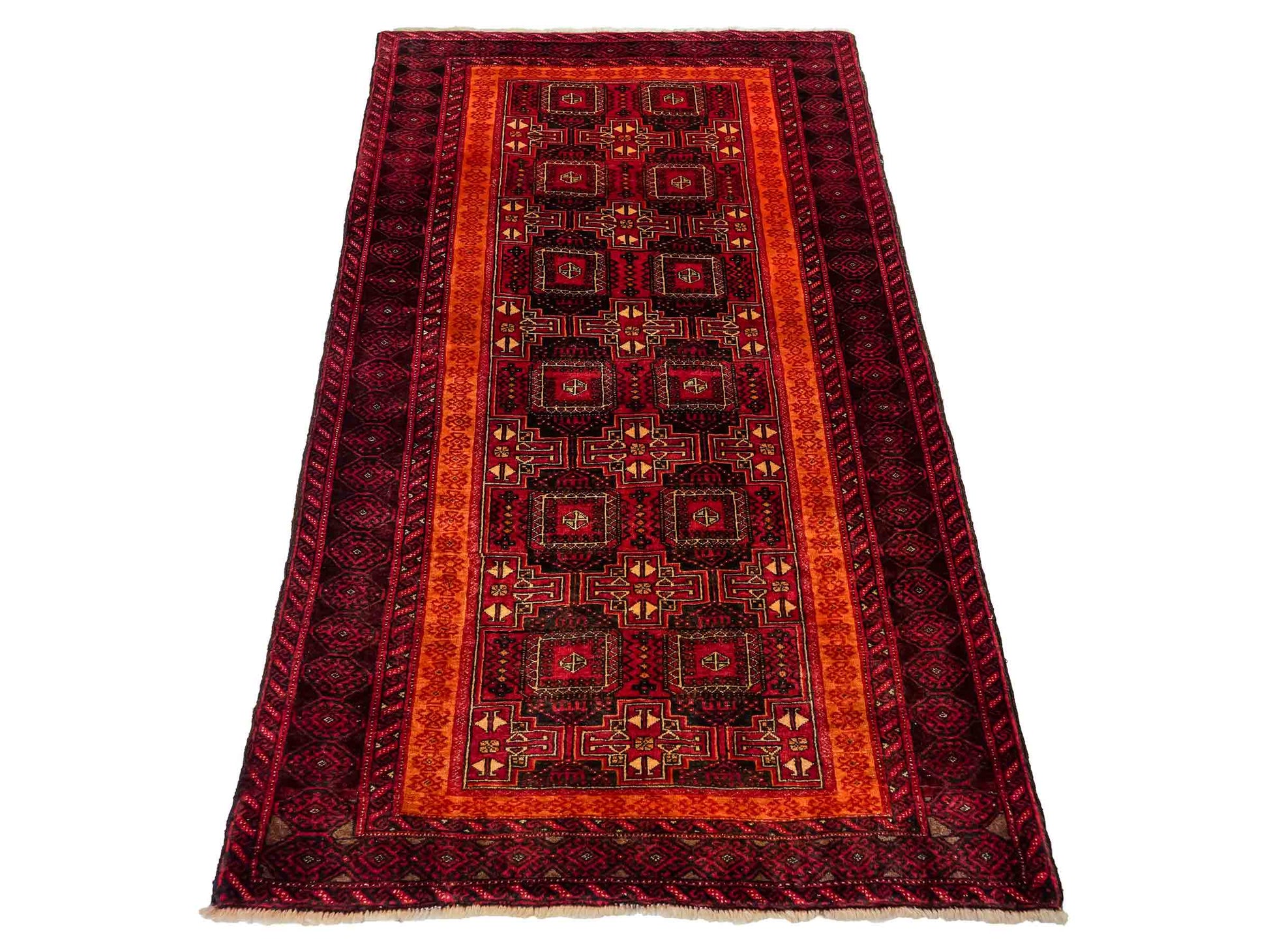 Handgeknüpfter, afghanischer, semi-antiker Belutsch Nomadenteppich aus Wolle von Khademi. Größe: 185 x 100 cm. Farbe: Rot, orange. Verkauf durch JUPITER Intl.