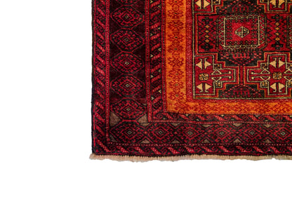 Handgeknüpfter, afghanischer, semi-antiker Belutsch Nomadenteppich aus Wolle von Khademi. Größe: 185 x 100 cm. Farbe: Rot, orange. Verkauf durch JUPITER Intl.