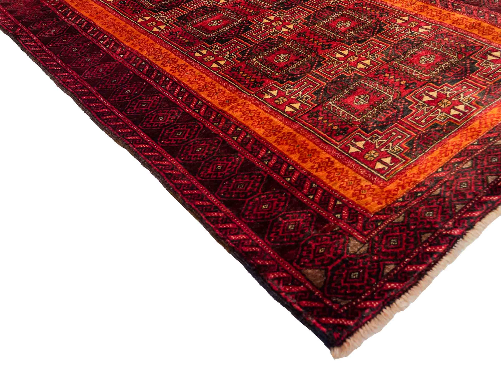 Handgeknüpfter, afghanischer, semi-antiker Belutsch Nomadenteppich aus Wolle von Khademi. Größe: 185 x 100 cm. Farbe: Rot, orange. Verkauf durch JUPITER Intl.