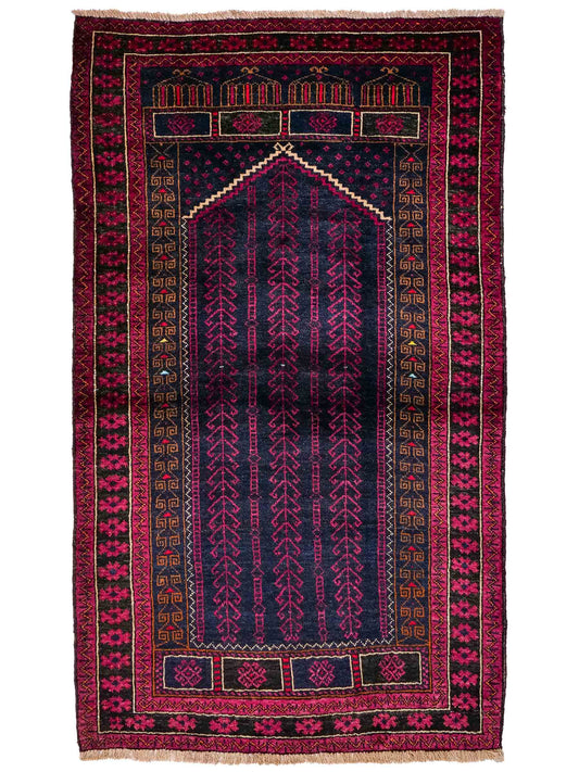 Handgeknüpfter, afghanischer Belutsch Nomadenteppich aus Wolle von Khademi. Größe: 152 x 94 cm. Farbe: Blau, rot, lila. Verkauf durch JUPITER Intl.