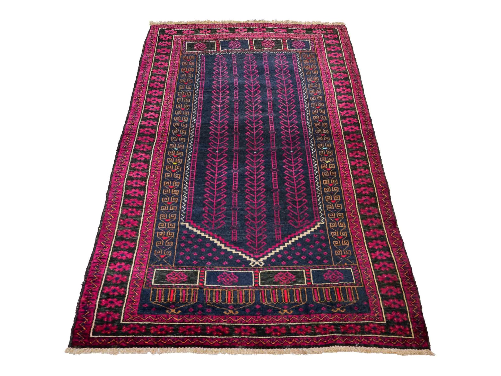 Handgeknüpfter, afghanischer Belutsch Nomadenteppich aus Wolle von Khademi. Größe: 152 x 94 cm. Farbe: Blau, rot, lila. Verkauf durch JUPITER Intl.