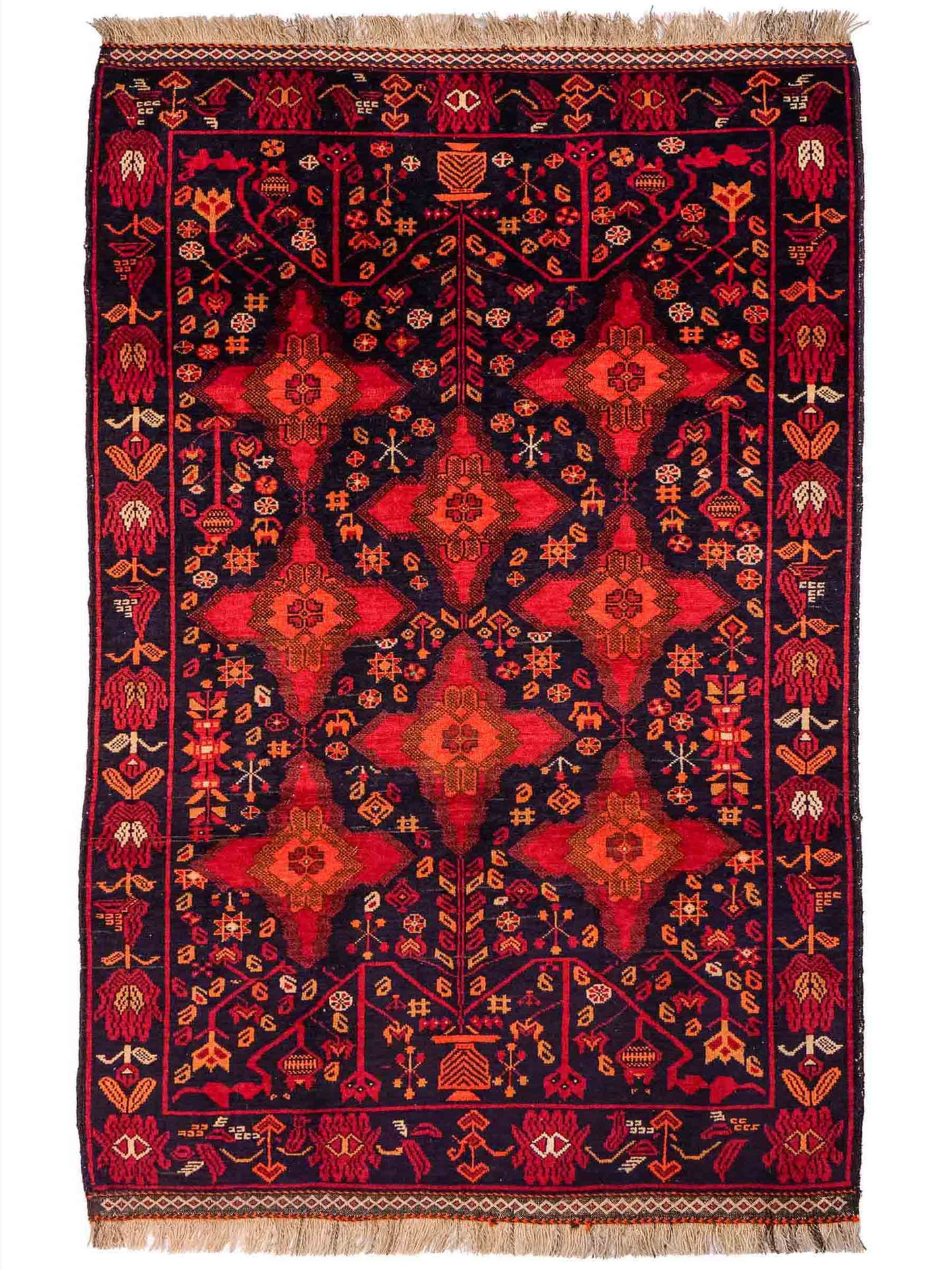 Handgeknüpfter, afghanischer Belutsch Nomadenteppich aus Wolle von Khademi. Größe: 172 x 100 cm. Farbe: Rot, orange, blau. Verkauf durch JUPITER Intl.
