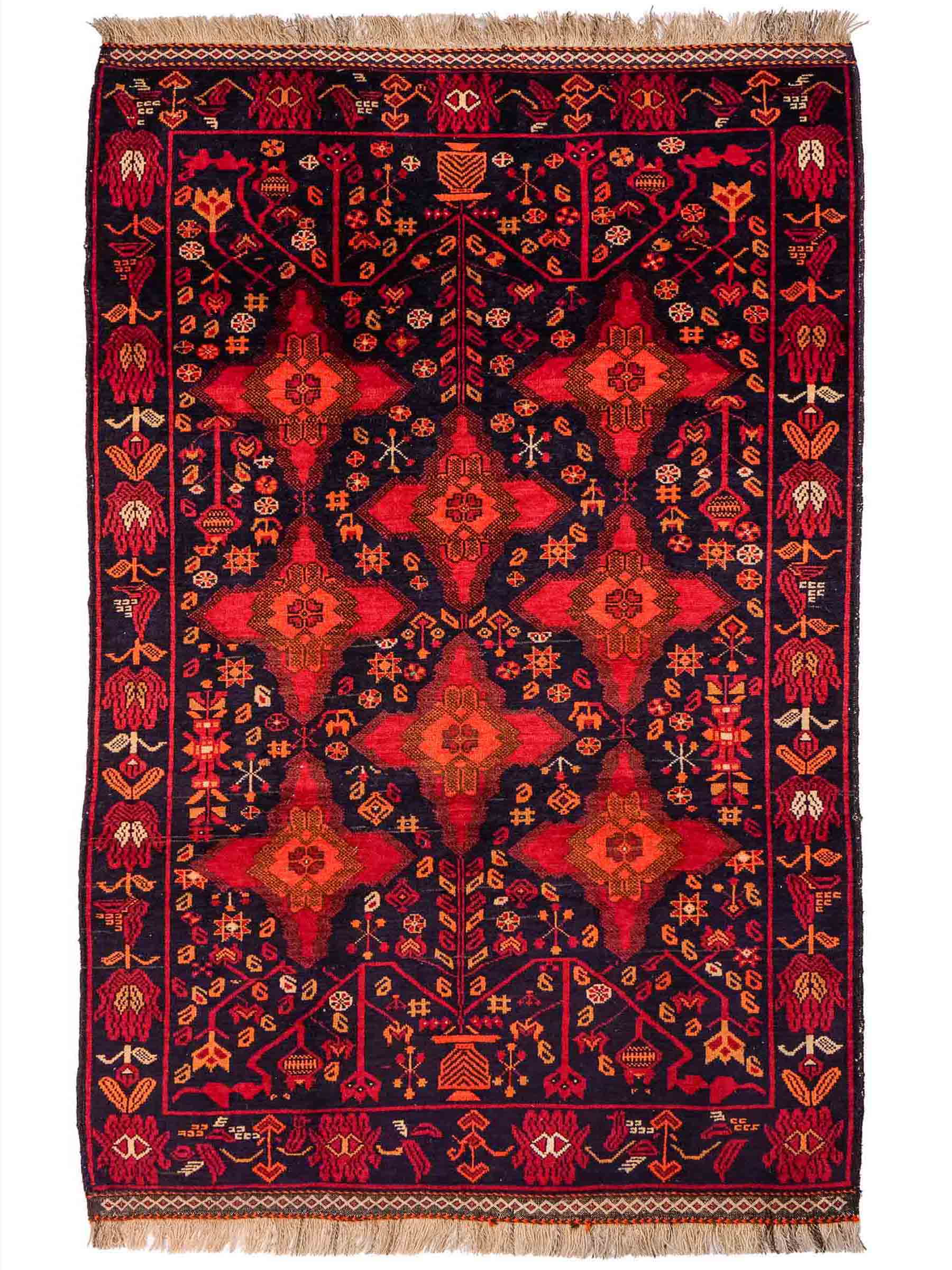 Handgeknüpfter, afghanischer Belutsch Nomadenteppich aus Wolle von Khademi. Größe: 172 x 100 cm. Farbe: Rot, orange, blau. Verkauf durch JUPITER Intl.
