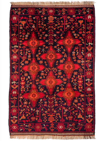 Handgeknüpfter, afghanischer Belutsch Nomadenteppich aus Wolle von Khademi. Größe: 172 x 100 cm. Farbe: Rot, orange, blau. Verkauf durch JUPITER Intl.