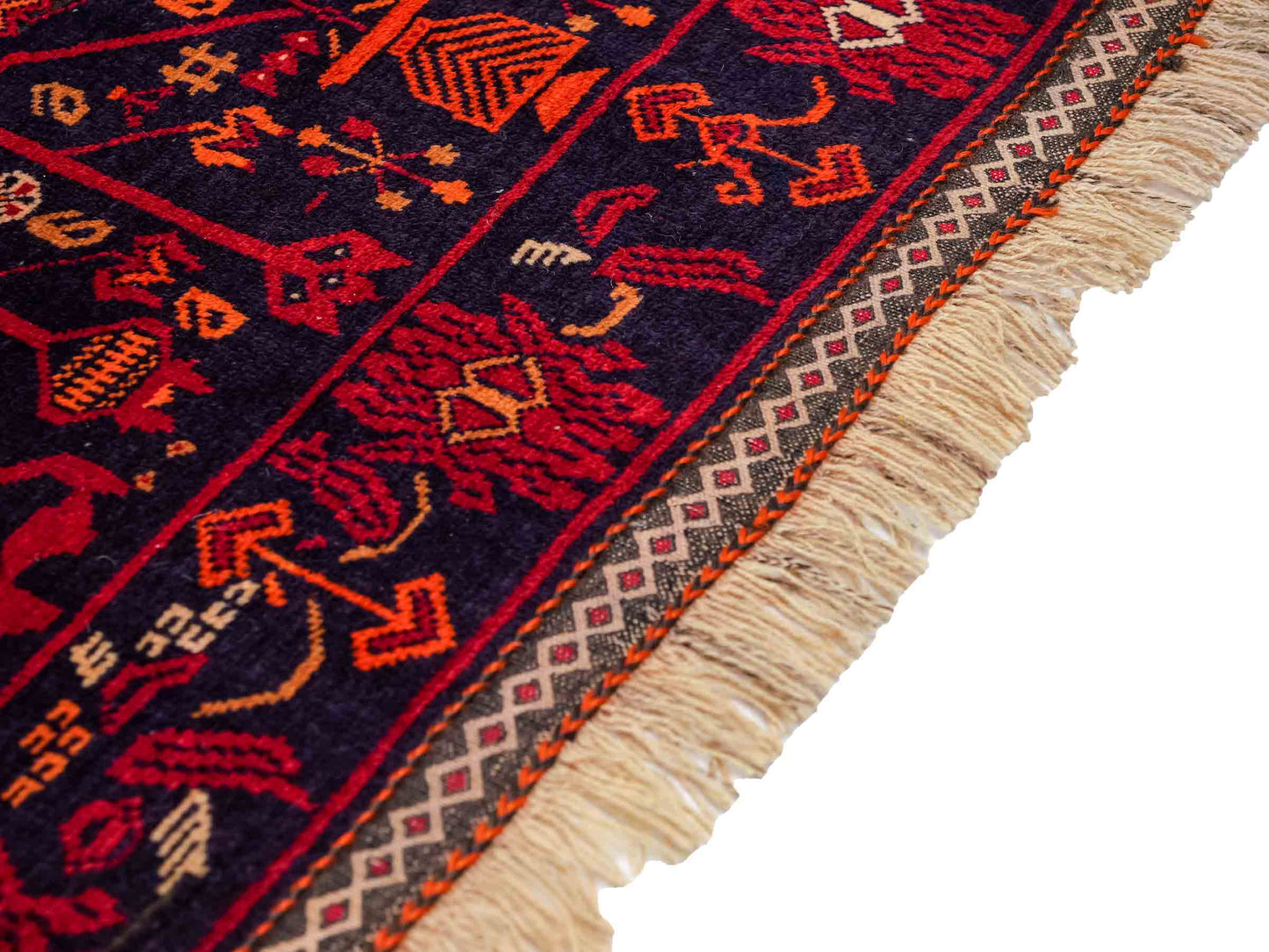 Handgeknüpfter, afghanischer Belutsch Nomadenteppich aus Wolle von Khademi. Größe: 172 x 100 cm. Farbe: Rot, orange, blau. Verkauf durch JUPITER Intl.
