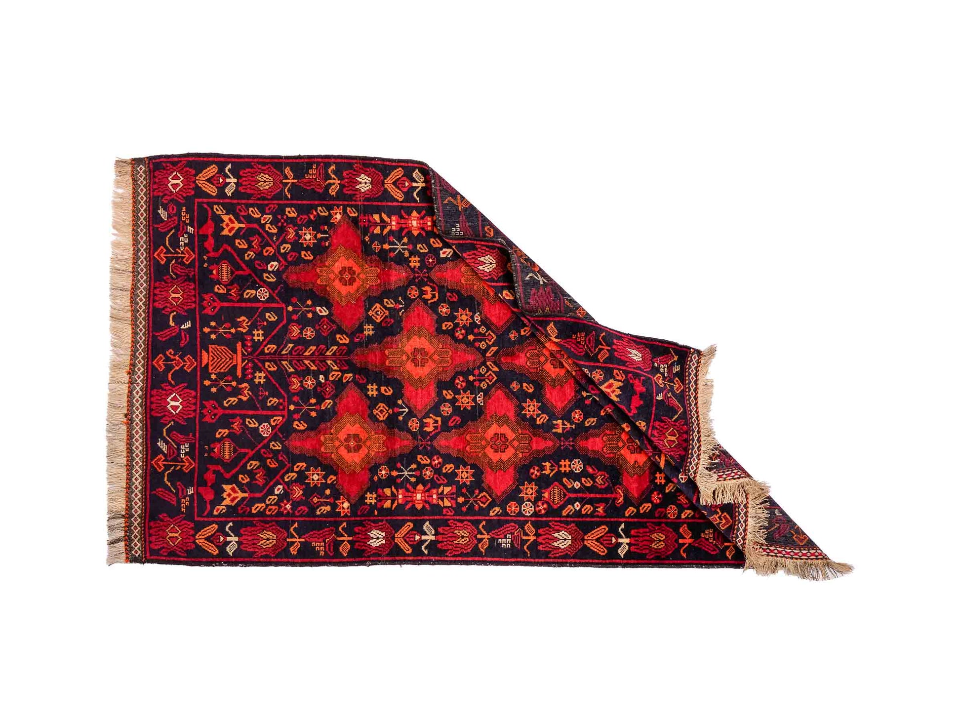 Handgeknüpfter, afghanischer Belutsch Nomadenteppich aus Wolle von Khademi. Größe: 172 x 100 cm. Farbe: Rot, orange, blau. Verkauf durch JUPITER Intl.