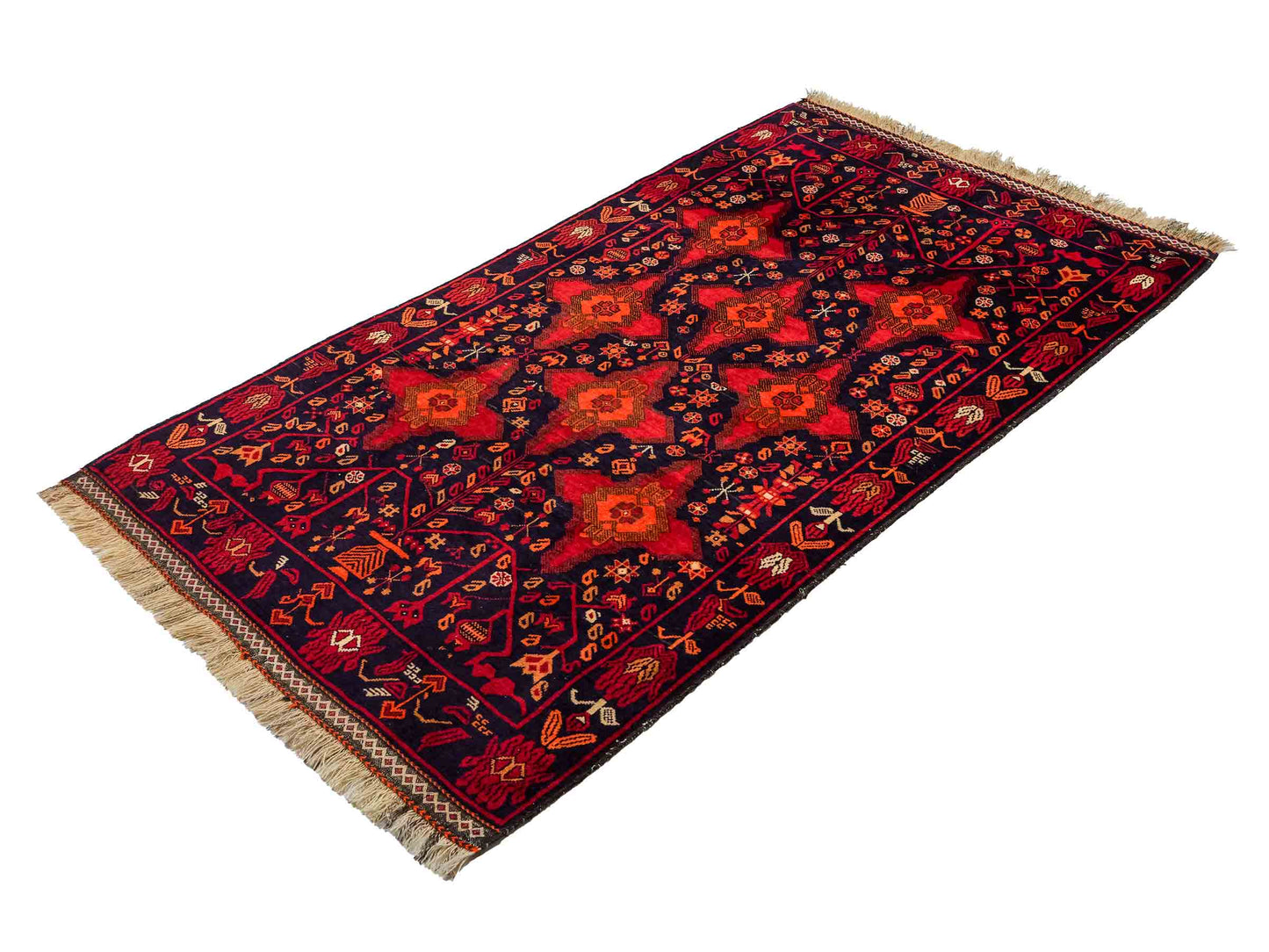 Handgeknüpfter, afghanischer Belutsch Nomadenteppich aus Wolle von Khademi. Größe: 172 x 100 cm. Farbe: Rot, orange, blau. Verkauf durch JUPITER Intl.