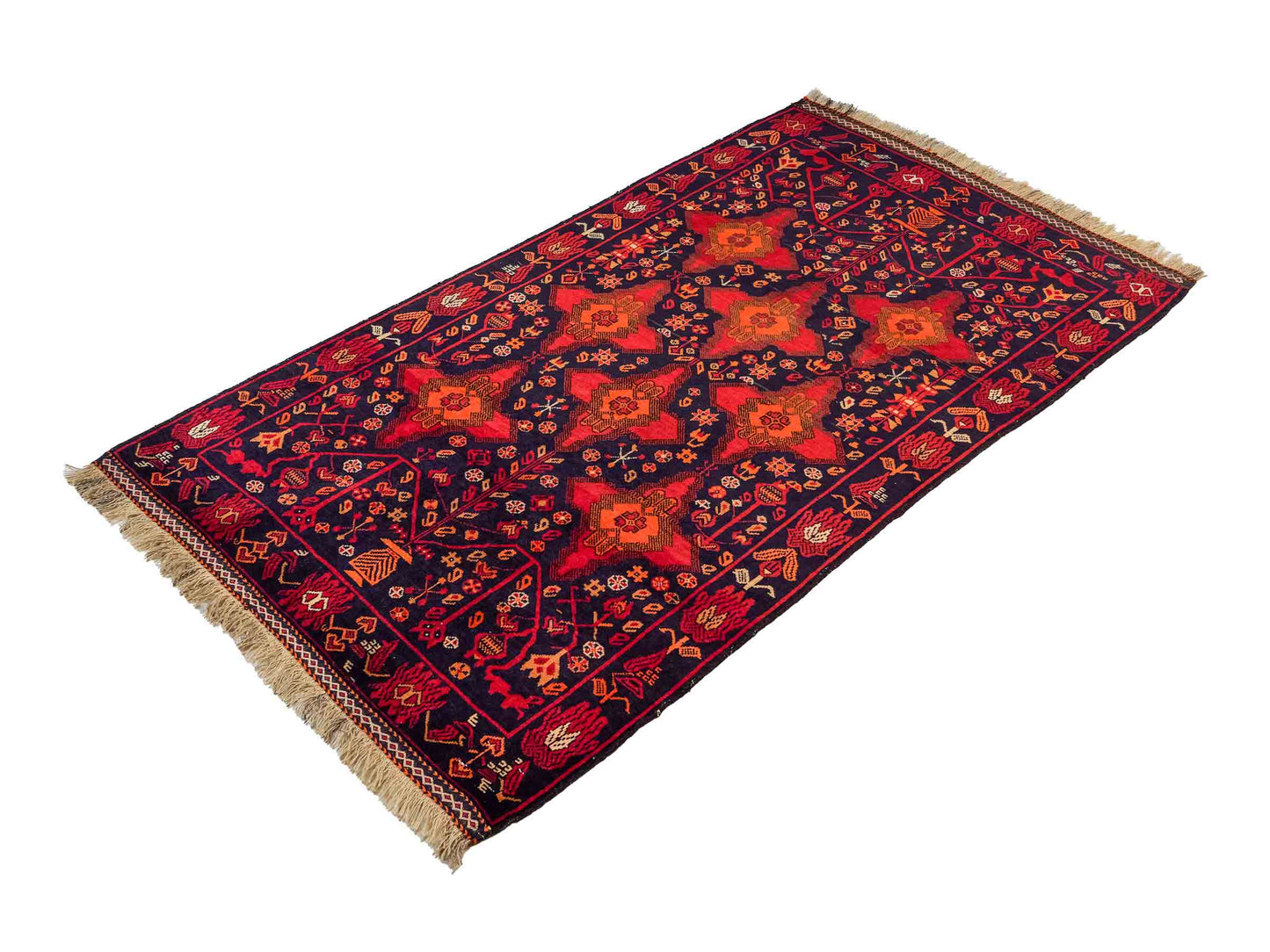 Handgeknüpfter, afghanischer Belutsch Nomadenteppich aus Wolle von Khademi. Größe: 172 x 100 cm. Farbe: Rot, orange, blau. Verkauf durch JUPITER Intl.
