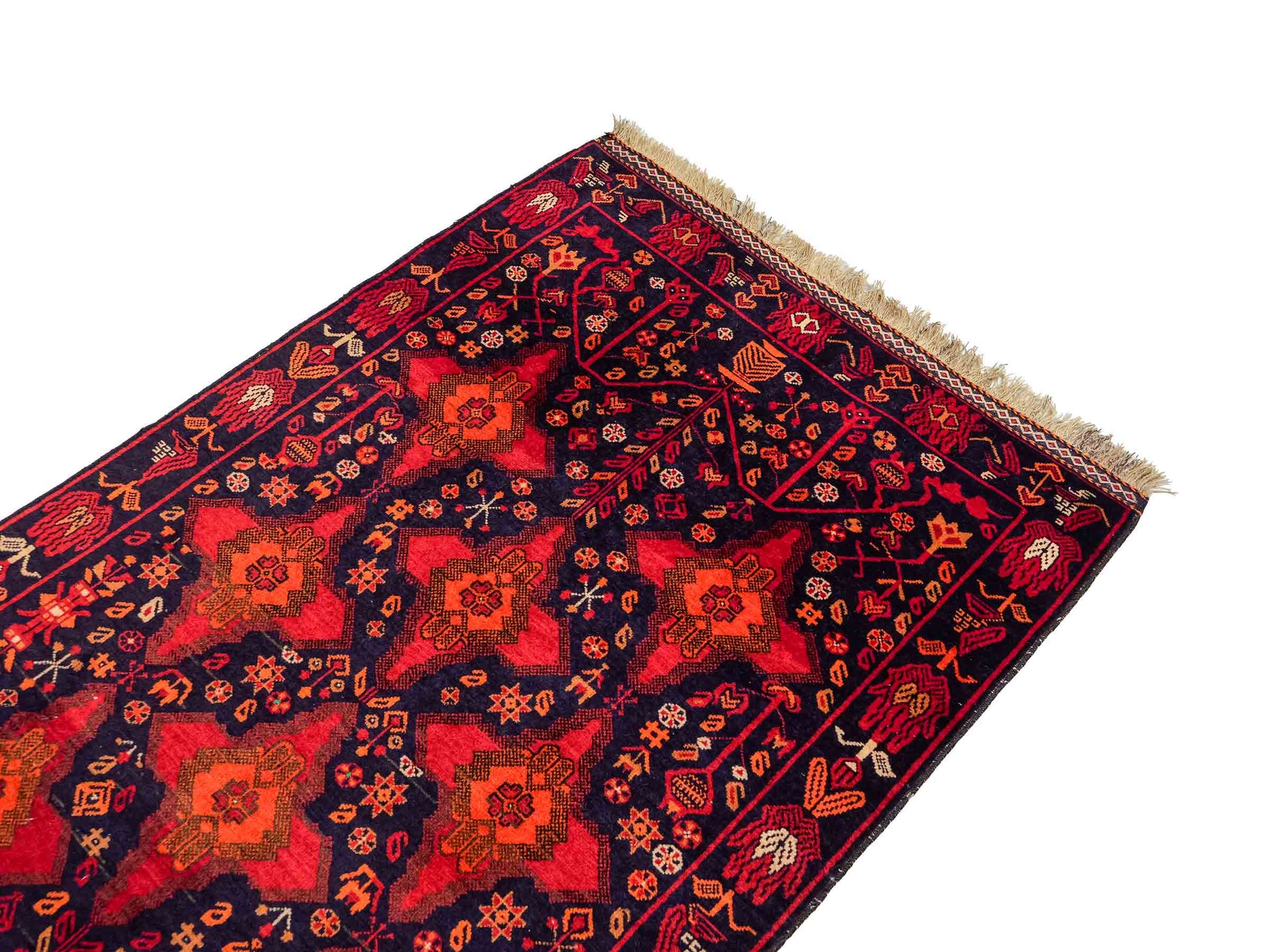 Handgeknüpfter, afghanischer Belutsch Nomadenteppich aus Wolle von Khademi. Größe: 172 x 100 cm. Farbe: Rot, orange, blau. Verkauf durch JUPITER Intl.