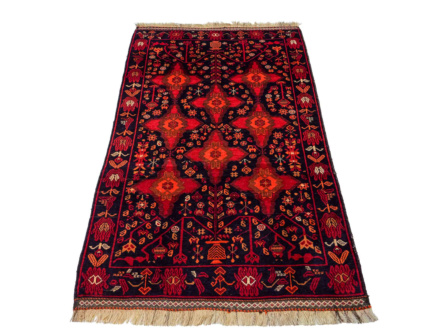 Handgeknüpfter, afghanischer Belutsch Nomadenteppich aus Wolle von Khademi. Größe: 172 x 100 cm. Farbe: Rot, orange, blau. Verkauf durch JUPITER Intl.