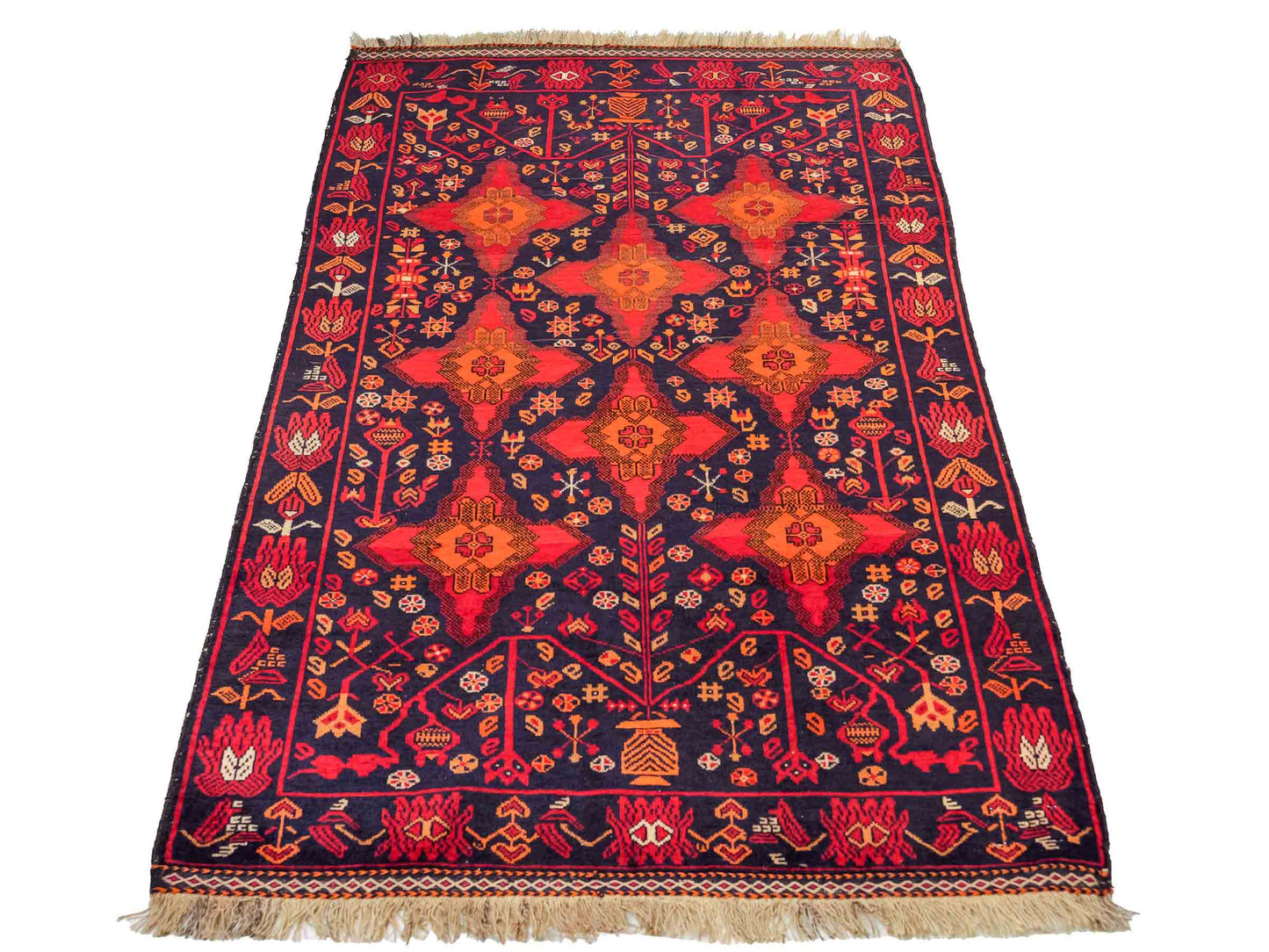 Handgeknüpfter, afghanischer Belutsch Nomadenteppich aus Wolle von Khademi. Größe: 172 x 100 cm. Farbe: Rot, orange, blau. Verkauf durch JUPITER Intl.