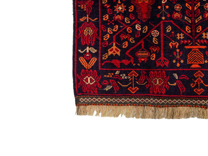 Handgeknüpfter, afghanischer Belutsch Nomadenteppich aus Wolle von Khademi. Größe: 172 x 100 cm. Farbe: Rot, orange, blau. Verkauf durch JUPITER Intl.