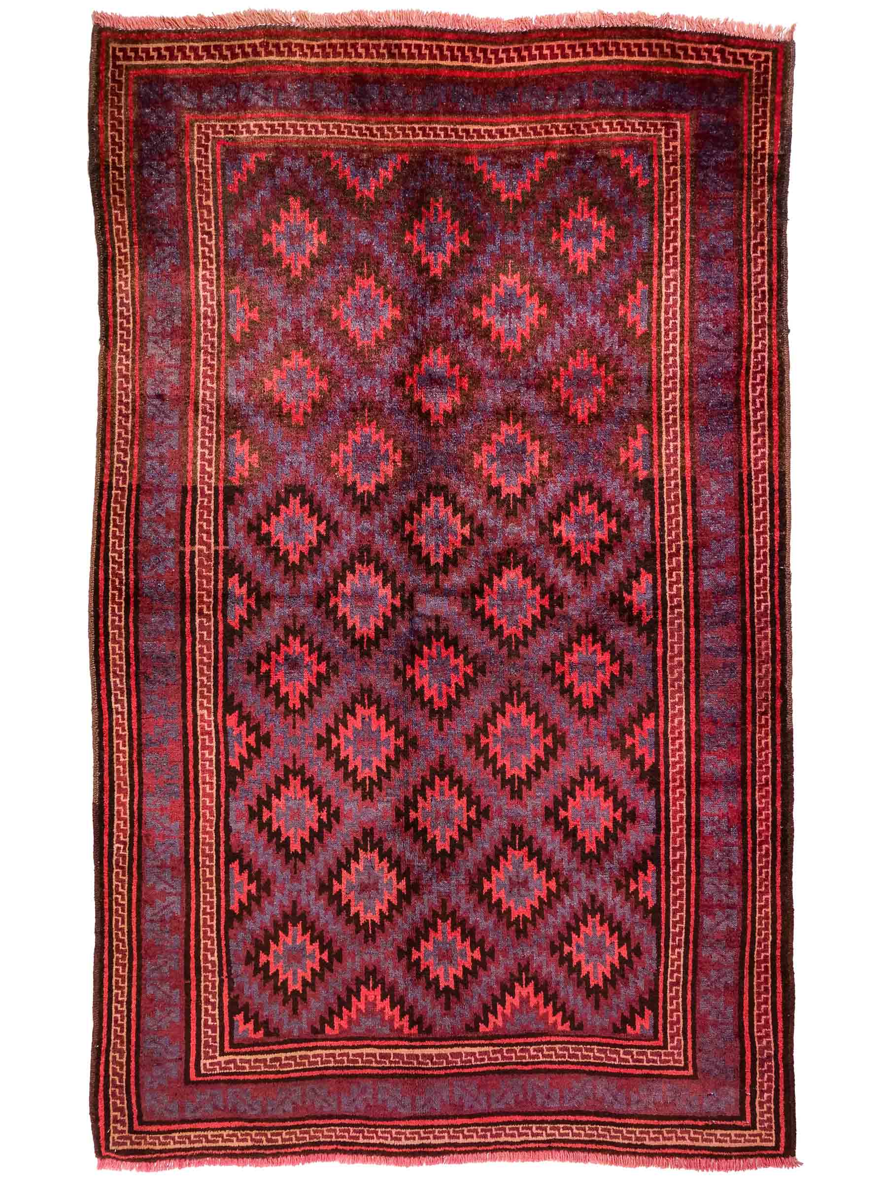 Handgeknüpfter, afghanischer Belutsch Nomadenteppich aus Wolle von Khademi. Größe: 180 x 121 cm. Farbe: Rot, blau. Verkauf durch JUPITER Intl.