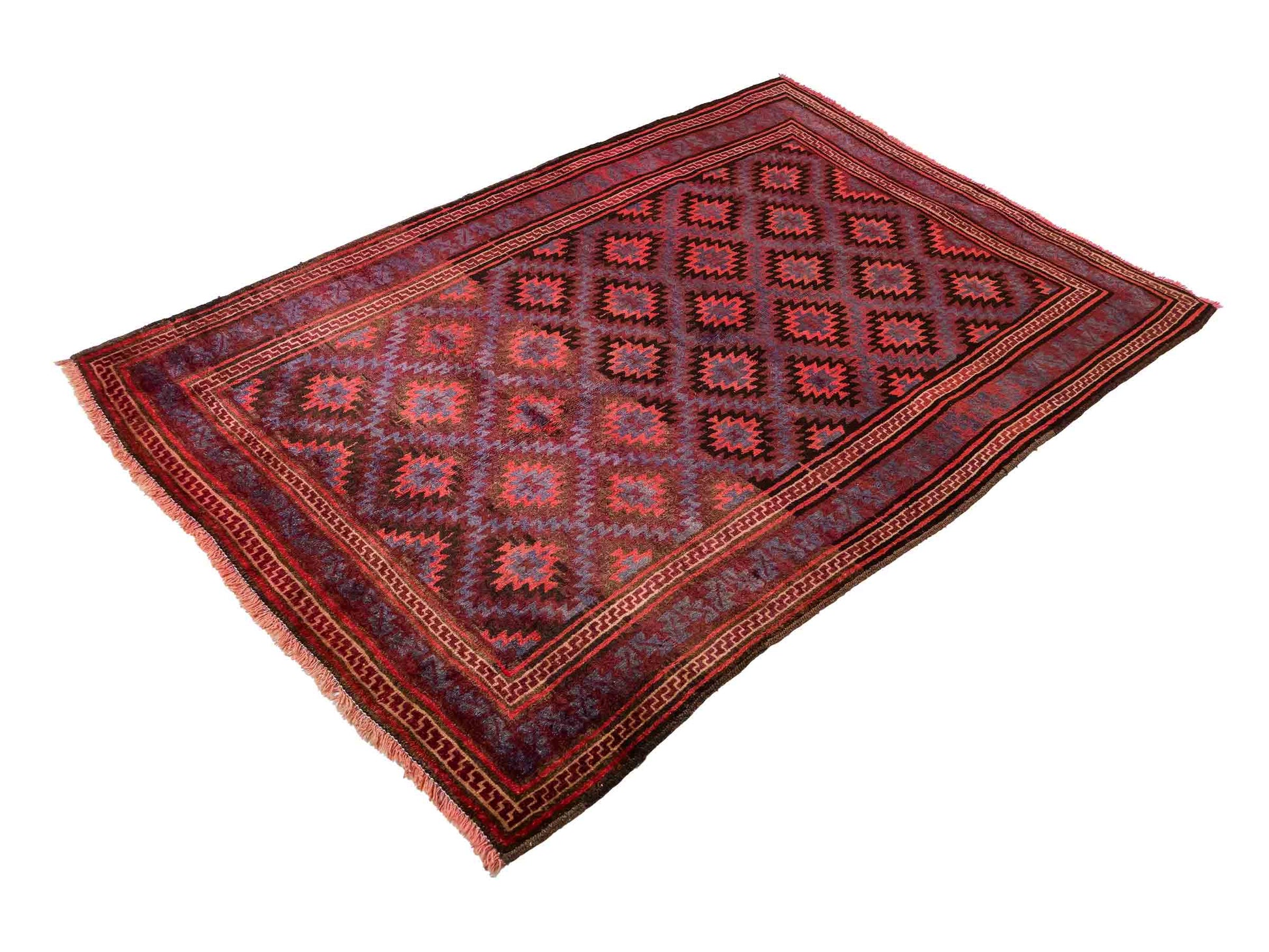 Handgeknüpfter, afghanischer Belutsch Nomadenteppich aus Wolle von Khademi. Größe: 180 x 121 cm. Farbe: Rot, blau. Verkauf durch JUPITER Intl.