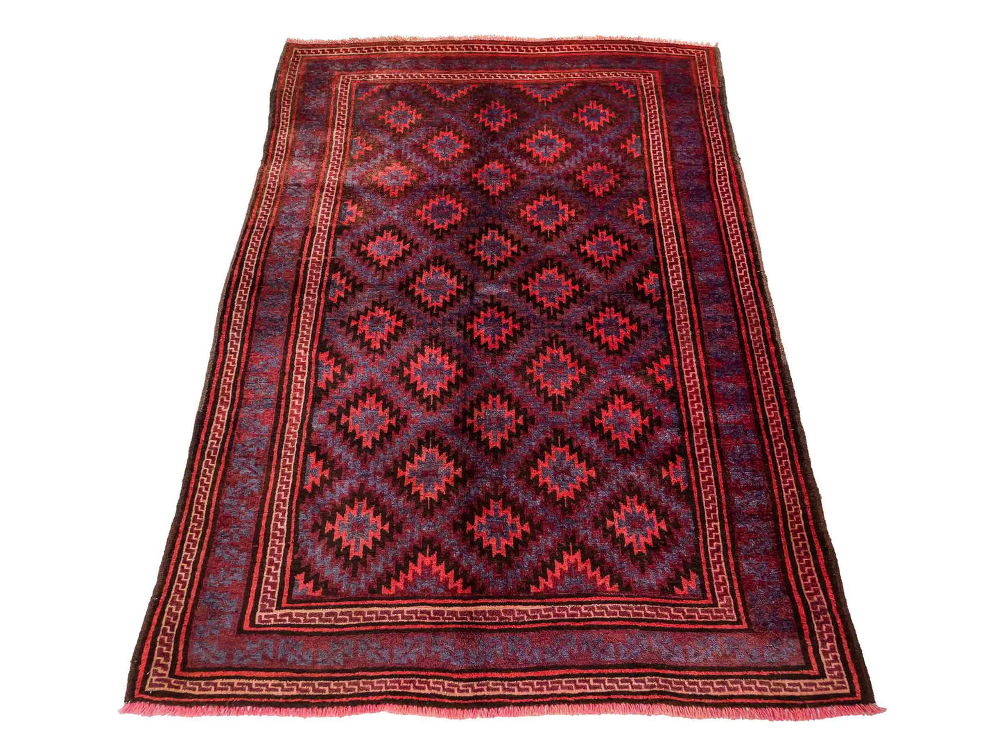Handgeknüpfter, afghanischer Belutsch Nomadenteppich aus Wolle von Khademi. Größe: 180 x 121 cm. Farbe: Rot, blau. Verkauf durch JUPITER Intl.