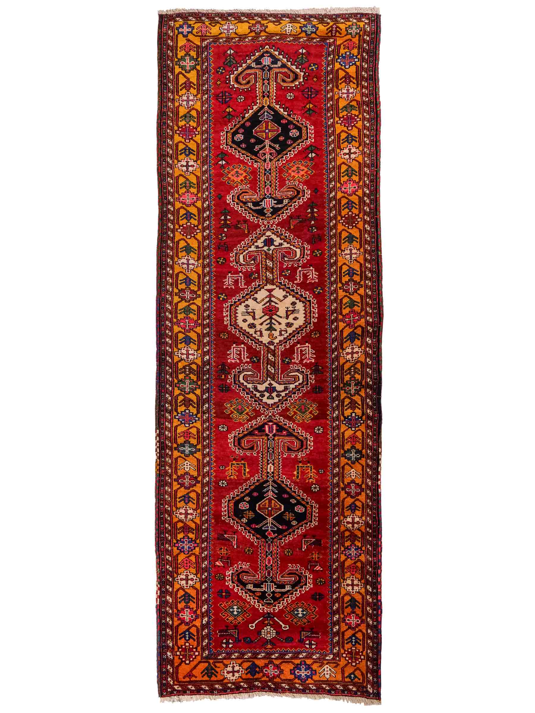 Feiner, handgeknüpfter, persischer Shiraz Nomadenteppich aus Wolle von Khademi. Farbe: Rot, beige, blau. Größe: 318 x 103 cm. Vertrieb durch JUPITER Intl.