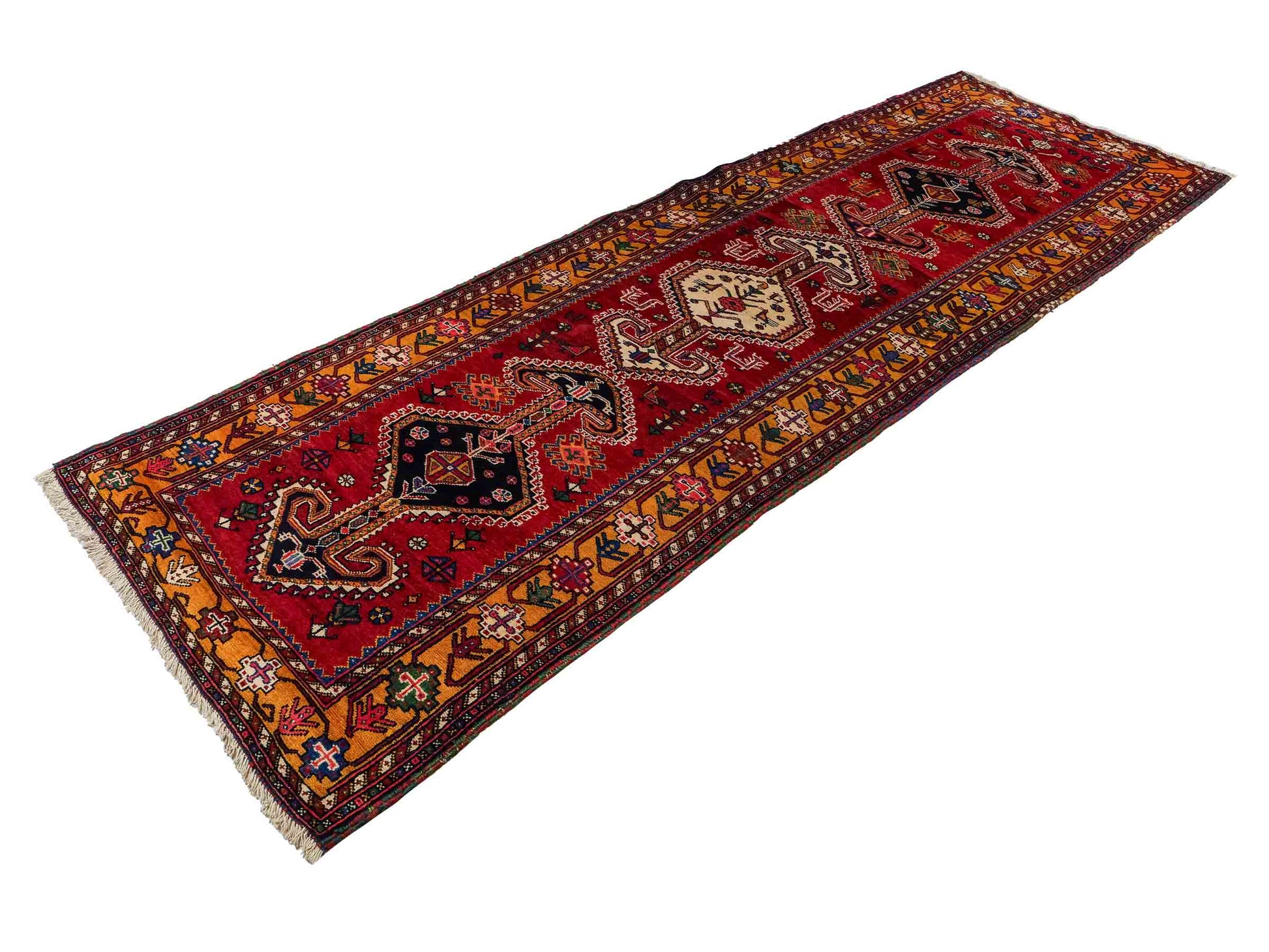 Feiner, handgeknüpfter, persischer Shiraz Nomadenteppich aus Wolle von Khademi. Farbe: Rot, beige, blau. Größe: 318 x 103 cm. Vertrieb durch JUPITER Intl.