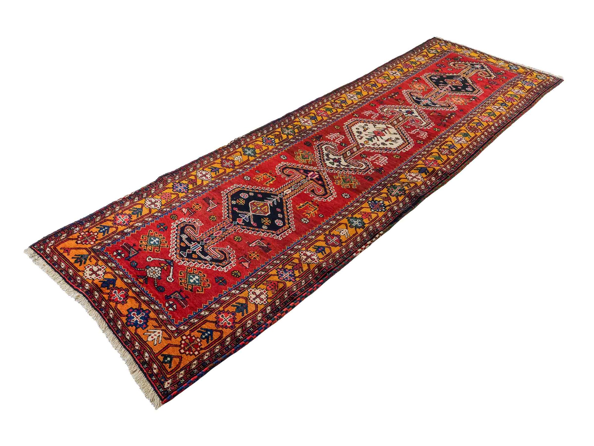 Feiner, handgeknüpfter, persischer Shiraz Nomadenteppich aus Wolle von Khademi. Farbe: Rot, beige, blau. Größe: 318 x 103 cm. Vertrieb durch JUPITER Intl.